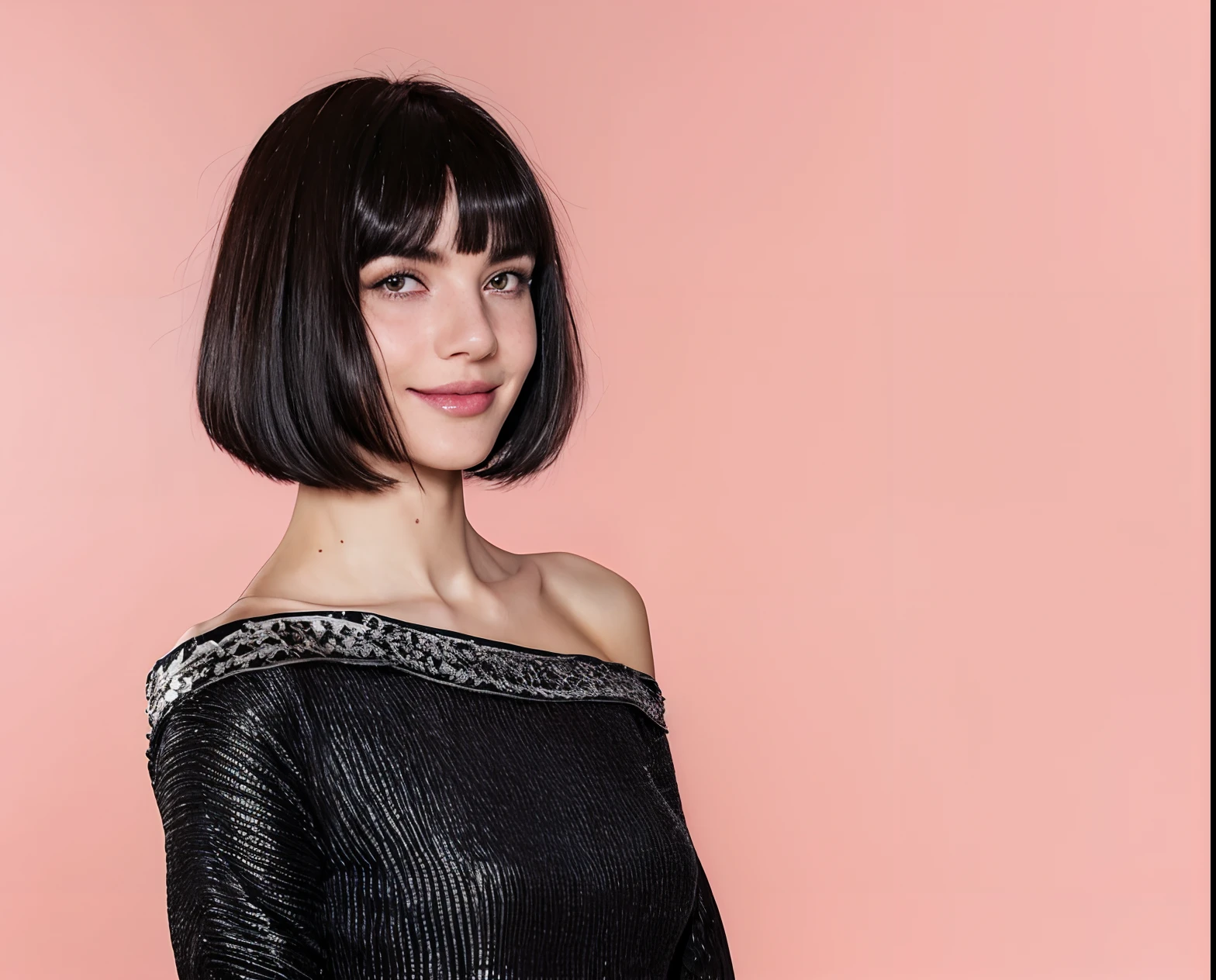 (skin blemish:1.2), (skindentation), freckles, moles, wrinkles, or blemishes, pores, skin texture, and fine lines, there is a woman with a black top and a pink background, french bob, french bob hair, she has black hair with bangs, black bob hair, black shiny bob haircut, black bob cut hair, short black hair with bangs, black bob haircut, with short hair with bangs, glittery short black hair, neat hair with bangs, hair blackbangs hair, smile, realistic, best quality, photorealistic, masterpiece, 8k, high res, solo, extremely detailed face, (professional lighting, bokeh), (light particles, lens flare, glowing particles:0.6), (dynamic pose:1.2), soft lighting, top angle view, fashionable and trendy atmosphere