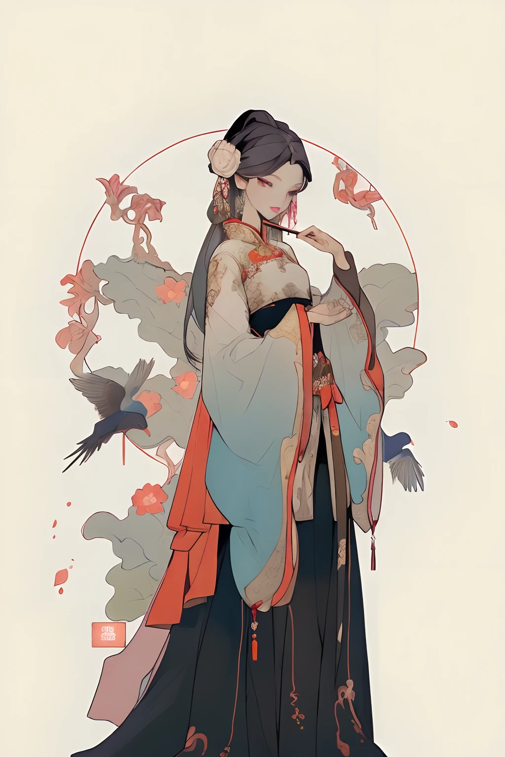 Image of a woman dressed in traditional Chinese costume, Palace ， A girl in Hanfu, Guviz-style artwork, A beautiful artwork illustration, by Yang J, By Li Song, Guviz, Beautiful character painting, author：Qiu Ying, Alphonse mucha and rossdraws, Inspired by Qiu Ying, Japanese art style