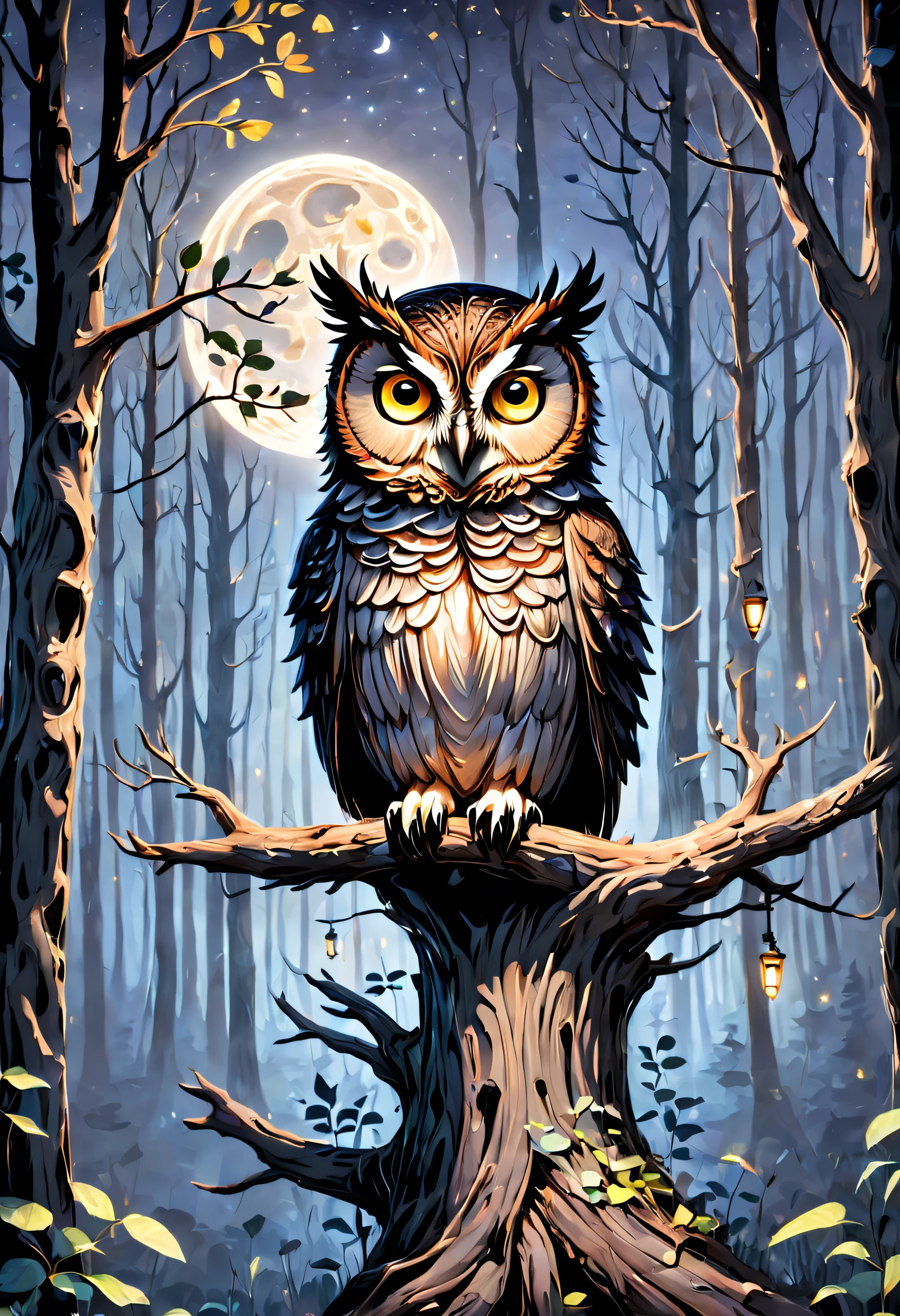 Hyperdetailed regenerative [glitch] still, (koan), matte, understated, (meditative: 1.2), (harmonic) impressionism, cerebral, (interconnected), labyrinth, (introspective), psyche, balanced and reciprocal, concept: ("The Night and the Owl" depicts an enchanting and contemplative journey through the woods at night, where a majestic owl, the symbol of wisdom, sits perched on a leafless tree. As the serene calmness of the night envelopes the scene, the soft glow of the moon bathes the owl in a gentle, lunar light. Bathed in quiet, the owl patiently waits for its prey to reveal itself, attesting to the power of patience and focus. The mysterious, dreamlike atmosphere encourages viewers to pause and reflect on their own lives, and consider the significance of the natural world and the cycle of life that surrounds us. By delving into the depths of the unknown, "The Night and the Owl" invites a sense of wonder and curiosity into our own experiences, allowing us to uncover new insights and perspectives on our place in the world.") CutePets