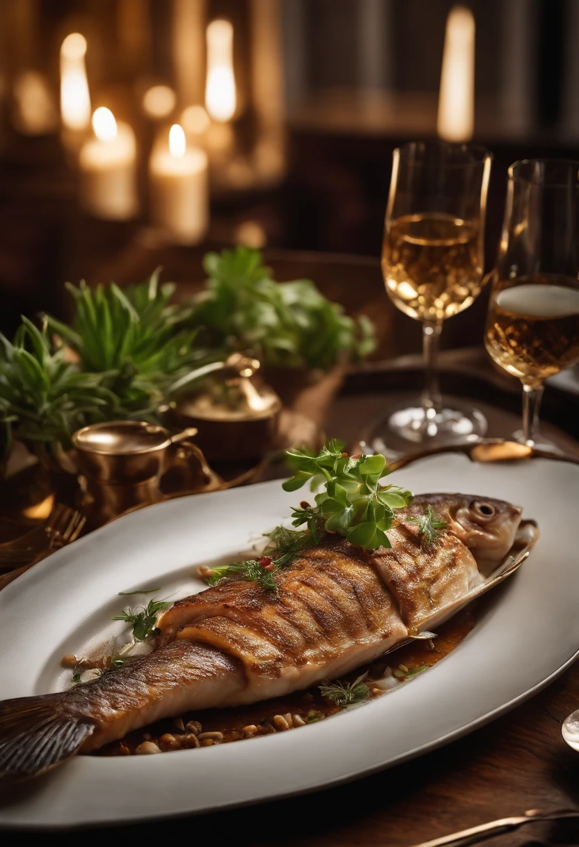 On the table in the cafe lies a tempting masterpiece - a kebab of whole fish, the bone of which peeks out from the juicy meat. The view from above shows the dish basking in soft daylight, its delicacy highlighted by glistening butter. This photo showcases the luxury of the café setting, with an emphasis on the exquisite details of the succulent meat. Each bite is an explosion of flavor, and the subtle textures and tones add visual interest. Expertly composed, this high-quality image awakens the senses and promises a truly luxurious dining experience.