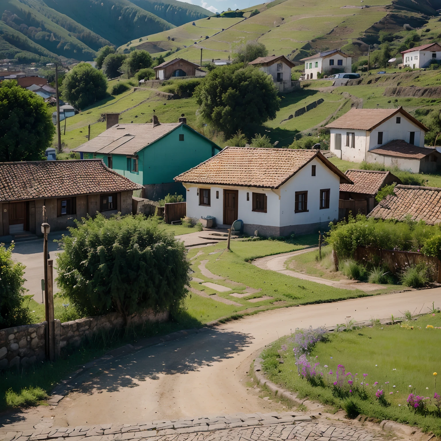 (best quality,4k,8k,highres,masterpiece:1.2),photorealistic, portraits, landscape, lively colors, natural lighting, detailed houses, vibrant green valley, traditional Ukrainian style houses, picturesque town,stone streets, Brazilian countryside,parked cars, traditional Ukrainian community, peaceful atmosphere