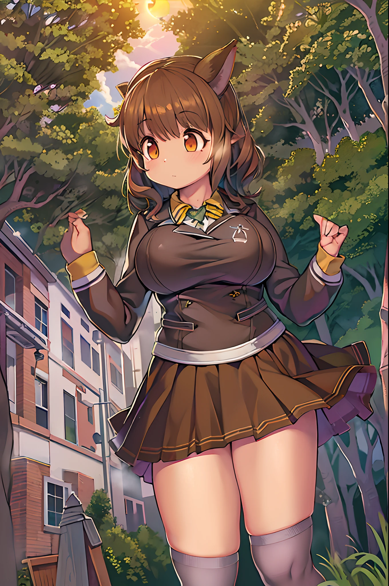 Sally Acorn, 1girl in, Solo, tree, skyporn, Outdoors, Skirt, cloud, brown, hair, Sunset, lens, f lare, Scenery, School, uniform, Sun, Wind, long, sleeves, 、bbw、huge-breasted