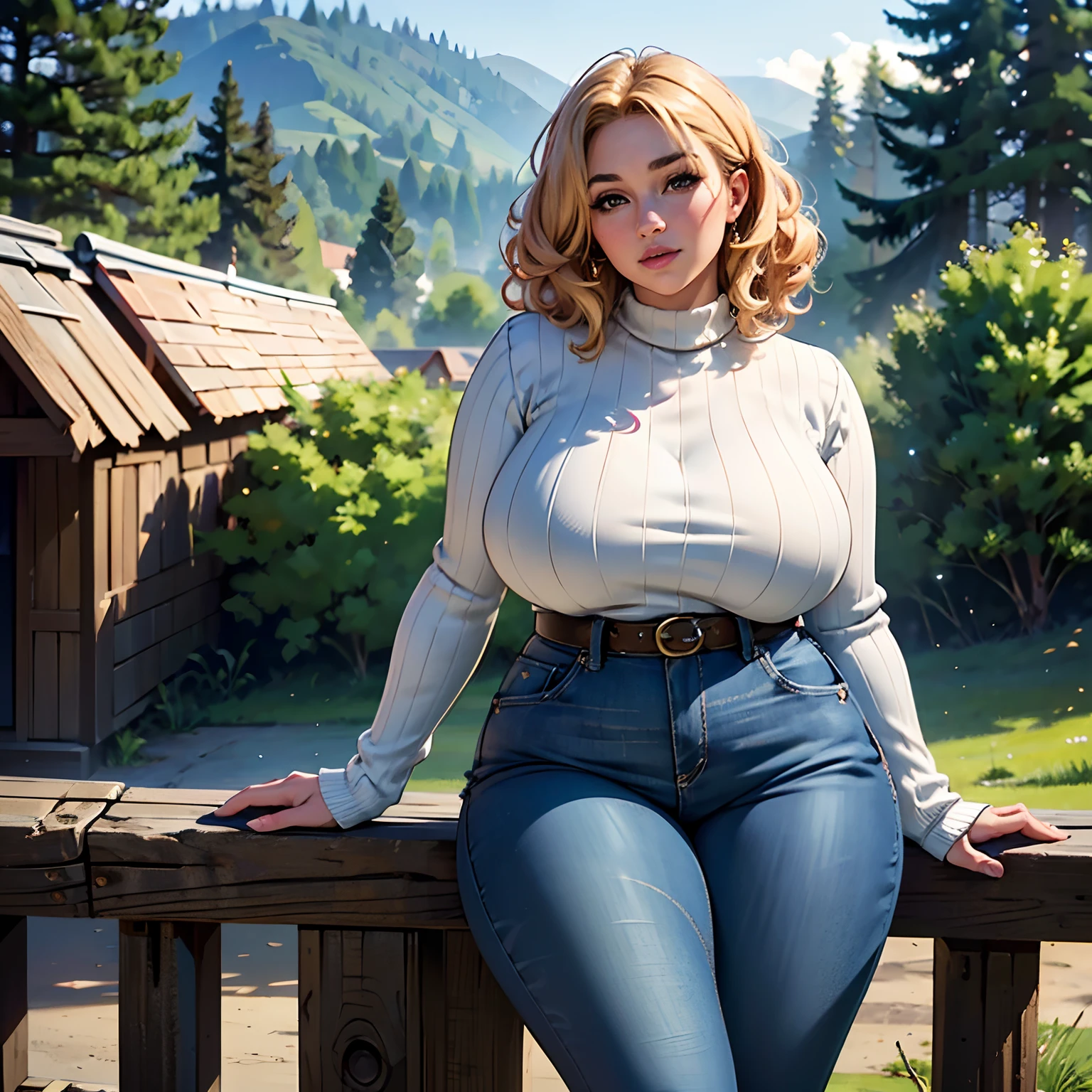 modelshoot style, (high resolution digital photo), SFW, full shot body photo of the most beautiful artwork in the world, single woman, plump, curvy, short, thicc, blonde hair, curly hair, jewish, brown eyes, sweater, jeans rural america background, best quality, epic (photo, sony a7, 50 mm, pores:1.5, colors, hyperdetailed:1.5, film grain:1.4, hyperrealistic: 1.5), octane render, hyper-realistic lifelike texture, masterpiece, unreal engine 5, Extremely detailed CG unity 8k wallpaper, Madly detailed photo, hyper-realistic light, (Winner of the Pulitzer Prize for Photography and Taylor Wessing Photographic Prize)