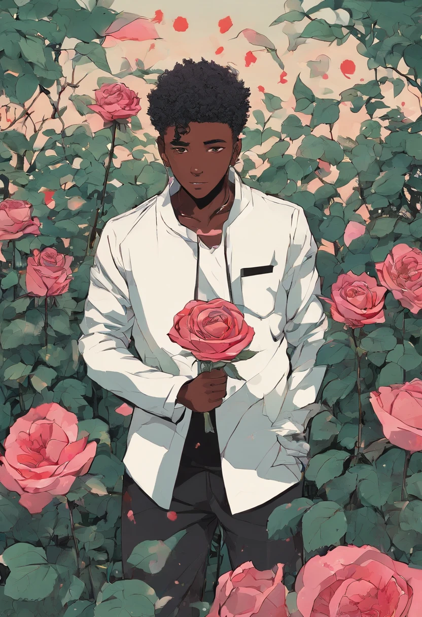 In African American Character who is male In anime Style. Holding a bloody rose in a opened Field