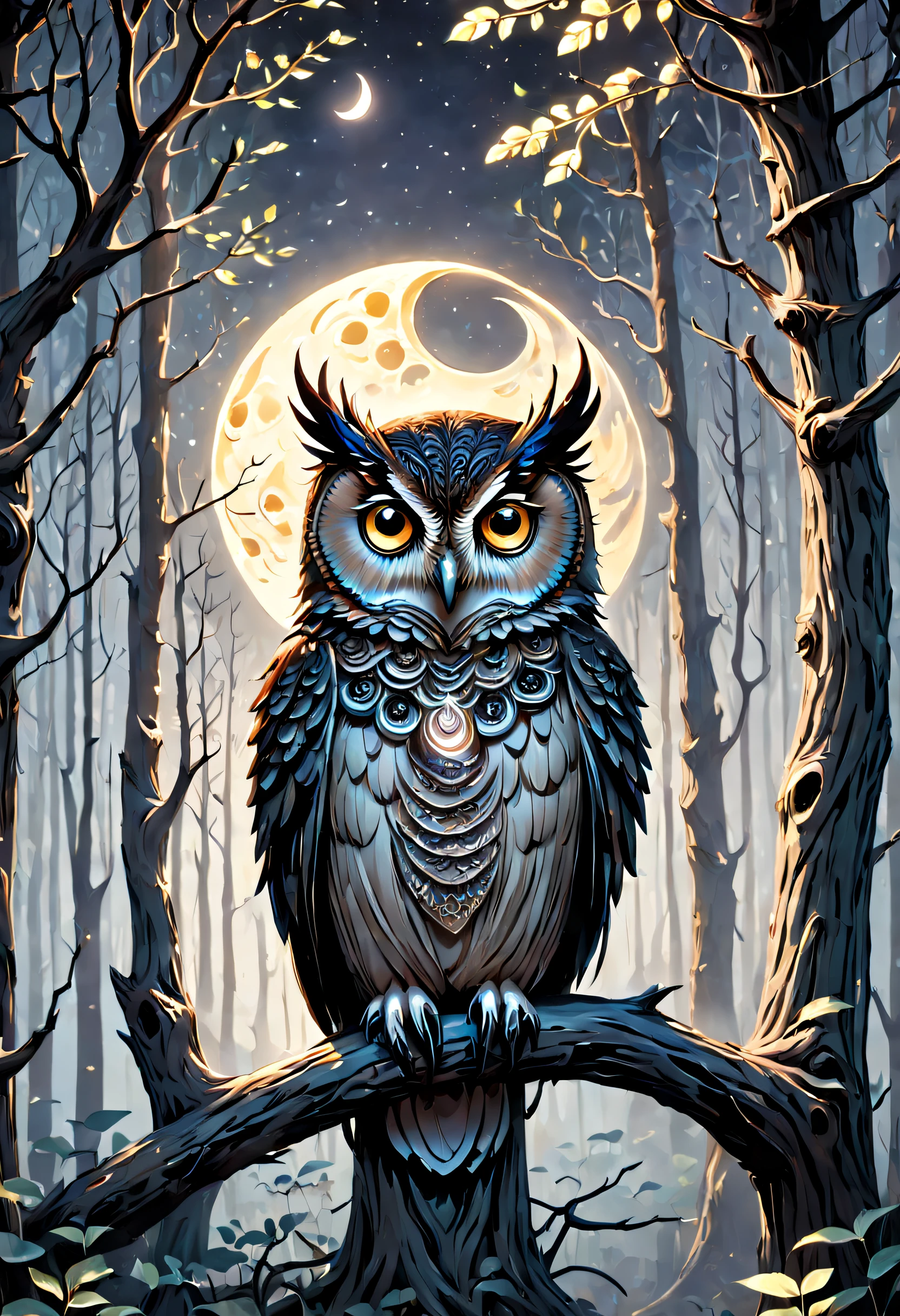 Hyperdetailed regenerative [glitch] still, (koan), matte, understated, (meditative: 1.2), (harmonic) impressionism, cerebral, (interconnected), labyrinth, (introspective), psyche, balanced and reciprocal, concept: ("The Night and the Owl" depicts an enchanting and contemplative journey through the woods at night, where a majestic owl, the symbol of wisdom, sits perched on a leafless tree. As the serene calmness of the night envelopes the scene, the soft glow of the moon bathes the owl in a gentle, lunar light. Bathed in quiet, the owl patiently waits for its prey to reveal itself, attesting to the power of patience and focus. The mysterious, dreamlike atmosphere encourages viewers to pause and reflect on their own lives, and consider the significance of the natural world and the cycle of life that surrounds us. By delving into the depths of the unknown, "The Night and the Owl" invites a sense of wonder and curiosity into our own experiences, allowing us to uncover new insights and perspectives on our place in the world.")