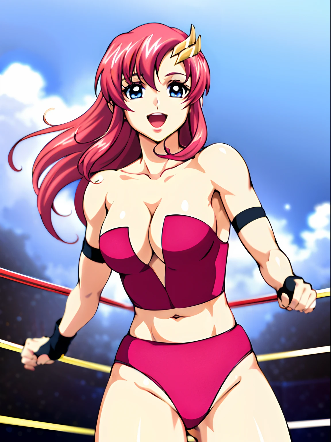 (((pink strapless wrestling outfit, gloves , slender body, long stomach, nice thighs, happy, gentle))), (masterpiece, standing , 4K, Best Quality, Anime style,, Adult Woman, ultra detailed face, (cloud background, wrestling), Drawing lines, high resolution, Anime, lacus4), 1girl, Solo, Long hair, 鎖骨, scapular, (Detailed wide hair bangs, Hair Ornament, Detailed reddish-pink hair, golden crest), cleavage, large hands, (pro female wrestler). (Big blue eyes, shiny eyes), ((female wrestler, little biceps, slender body, broad shoulders, closed fists, open mouth)), ((perfect proportions, medium breasts, cleavage, long belly)), (((mini strapless wrestling))),( looking at the viewer, gentle, smile),
