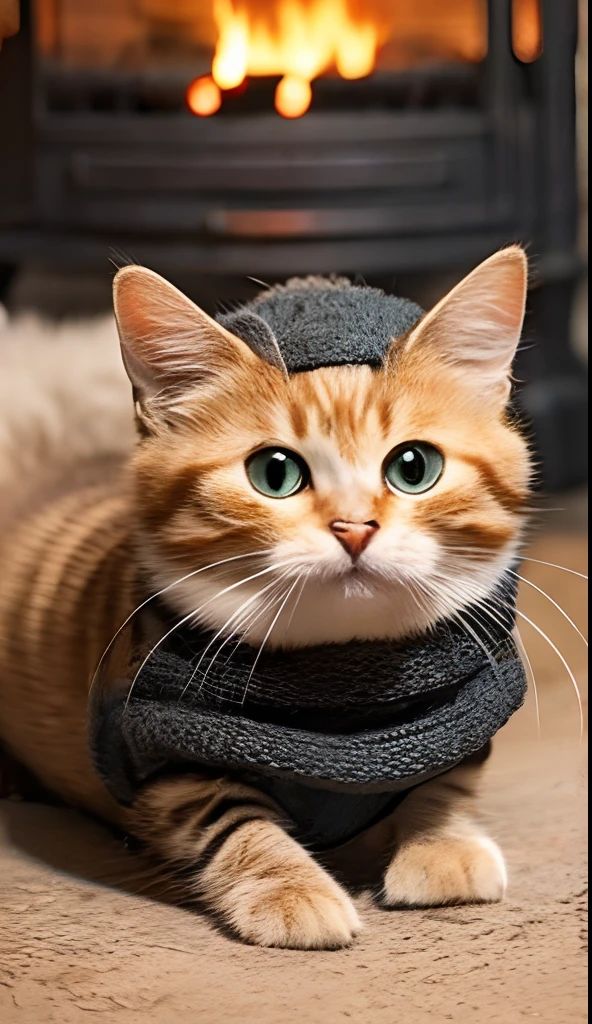 Cute baby cat wearing a knitted hat warms up with a flame,Various poses