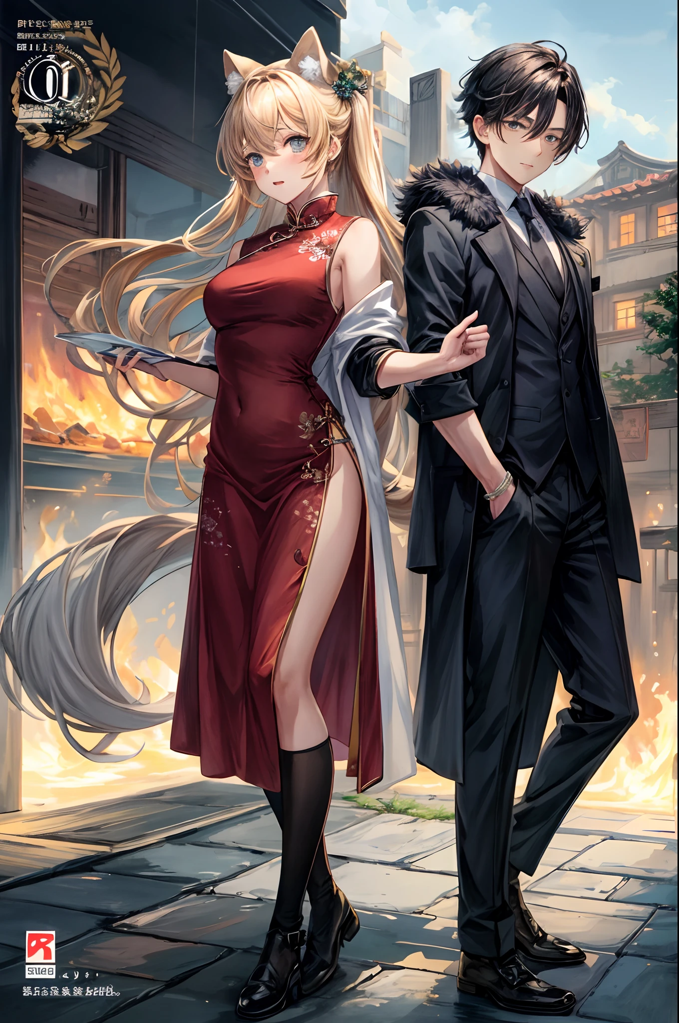 A doujinshi cover with a young male detective and a woman in a Chinese dress back to back, furry, kemono, with some elements of 007, battle manga,
