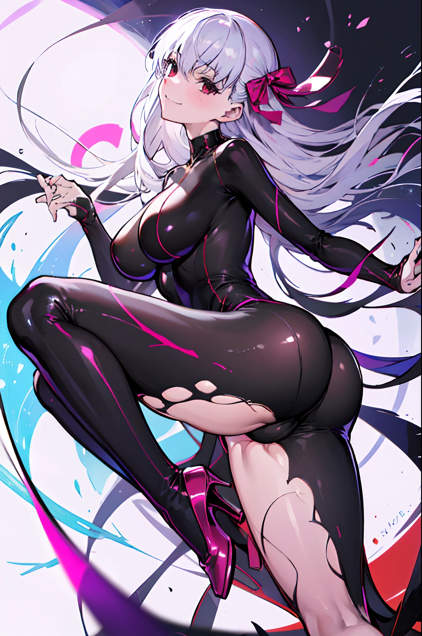 Carefully draw the face High-quality faces in anime style Glossy black leotard Black High Heels Red lines all over the body a blond huge tit Big ass Whip thighs seductiv a smile succubus Prone