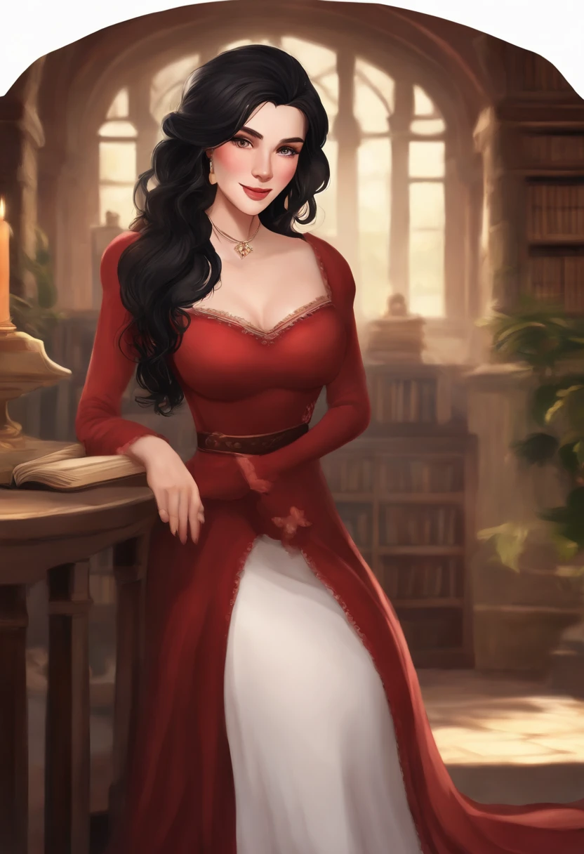 High quality, masterpiece, older White women, ((Black hair)), hair covering one eye, realistic, cartoon style, anime, ((cozy castle library)), slim face, old Fashion dress, dark faded red dress, soft dress, burn scars, scars, wrinkled, warm smile