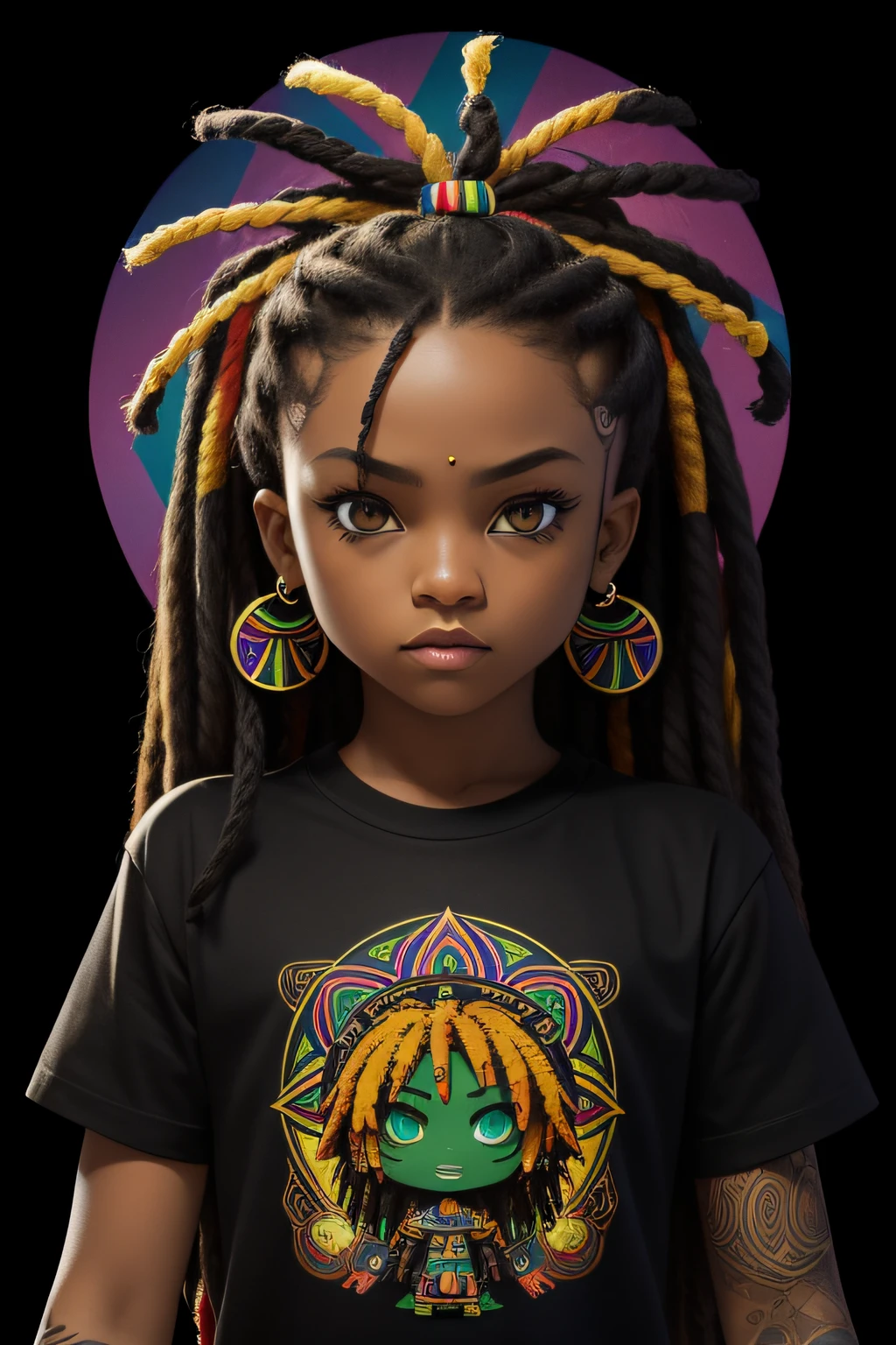 t-shirt art, 2D, ((black background :1, 5)), vector, vivid colors, chibi rasta outfit character, masterpiece, best quality, intricate details, perfect symmetrical face, realistic details, gothic theme, rim light, moonlight, cinematic shading, Greg Rutkowisk