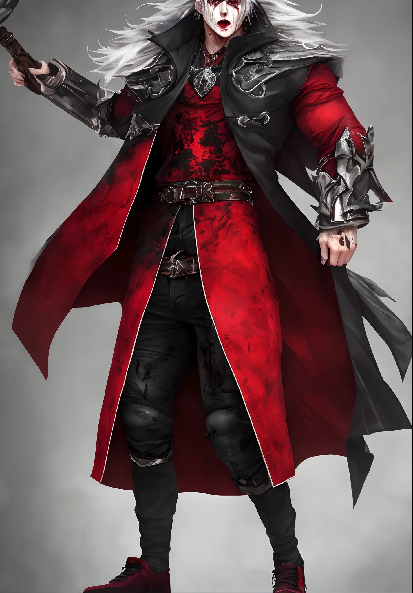 full body low angle shot of an intimidating muscular male dhampir with white hair in balck and blood red clothes, man, scarred face, long coat, long dark hair, red eyes, low angle, highly detailed, better face