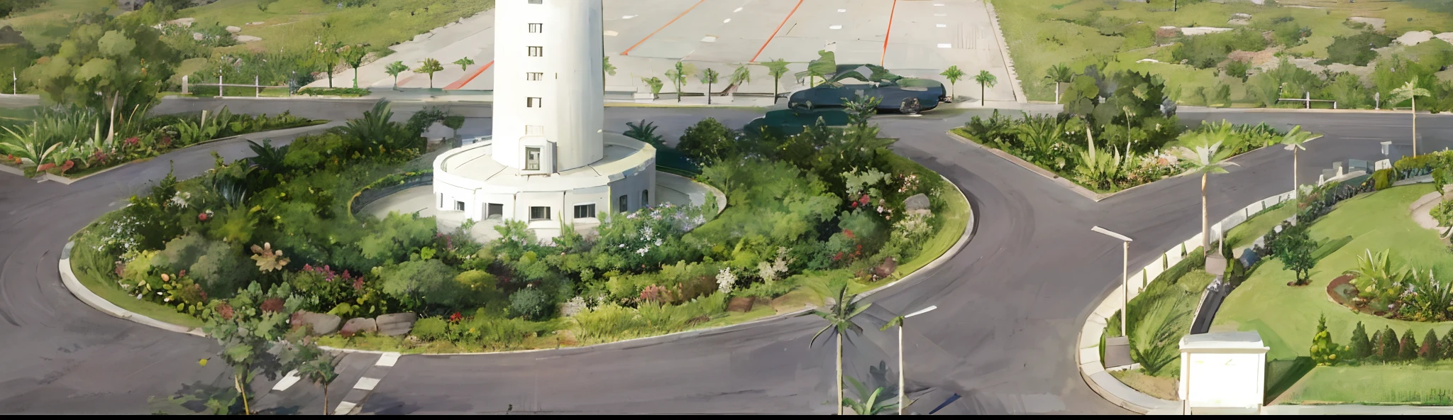 Aerial view of the lighthouse surrounded by roundabouts and parking lots, building cover with plant, helipad, lot of vegetation, empty building with vegetation, exterior botanical garden, outdoors tropical cityscape, lush vegetation in the center, photo taken from above, photo from above, parking lot, nature growing around the city, in future airport rooftop, lots of vegetation