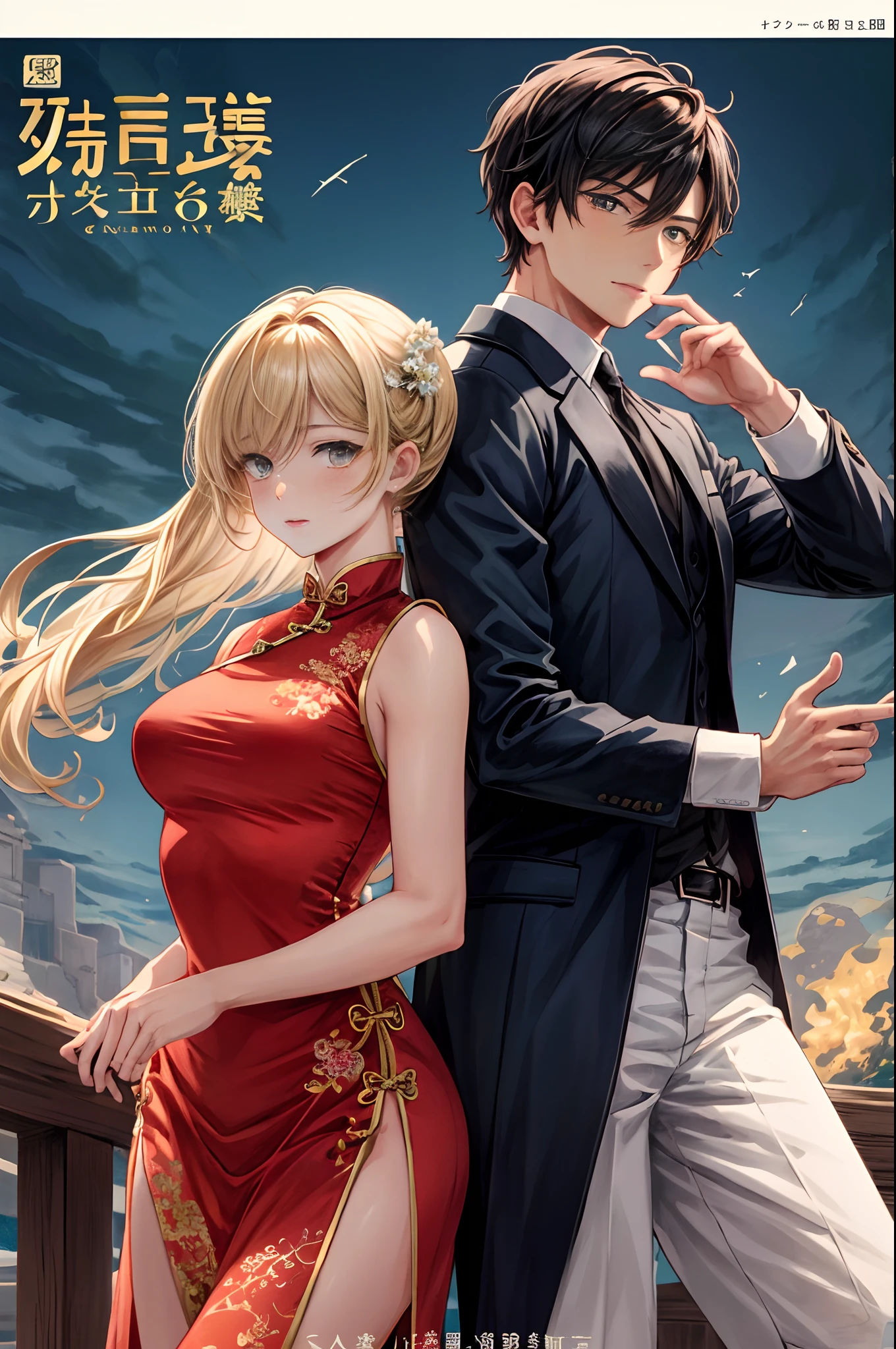 A doujinshi cover with a young male detective and a woman in a Chinese dress back to back, with some elements of 007, battle manga,