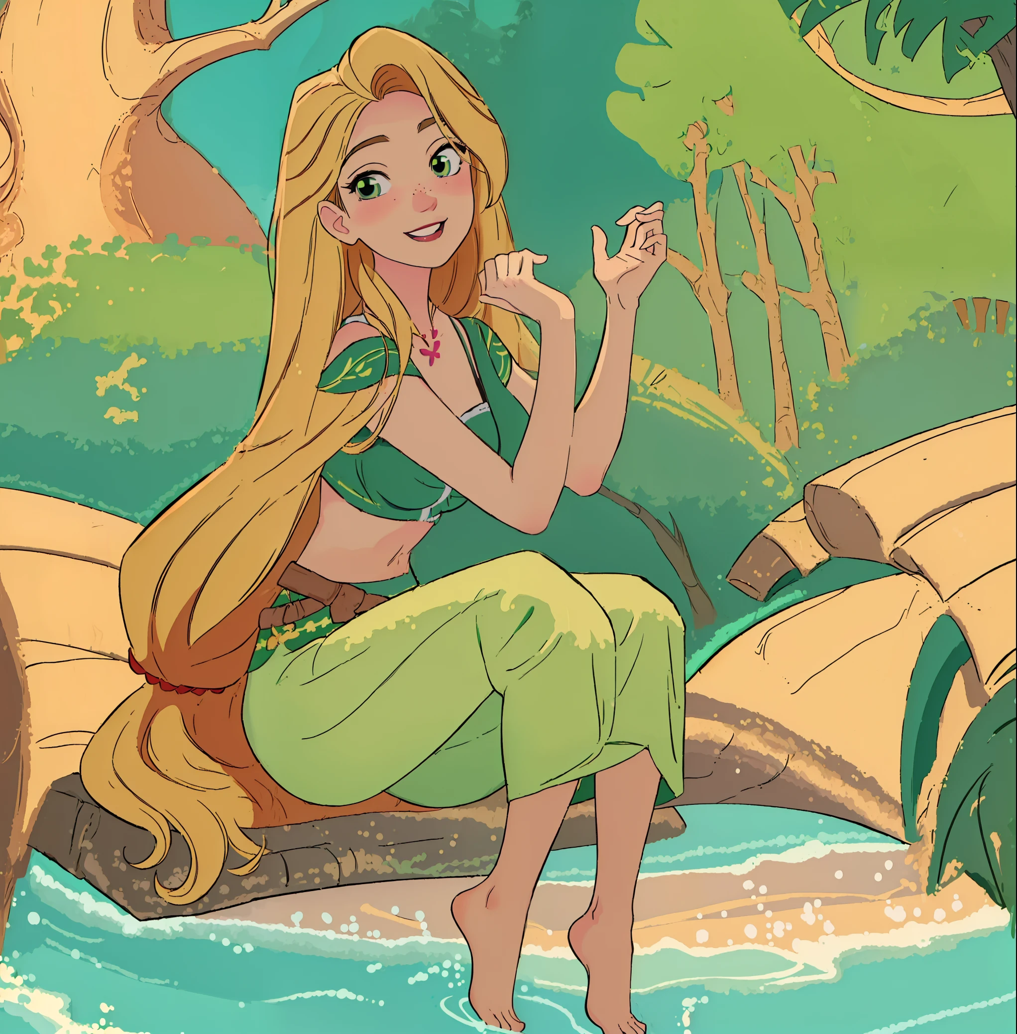 (masterpiece, best quality, high resolution:1.4), rapunzel, green eyes, (straight hair:1.3), looking at viewer, green island outfit, barefoot,  smile, outdoors,