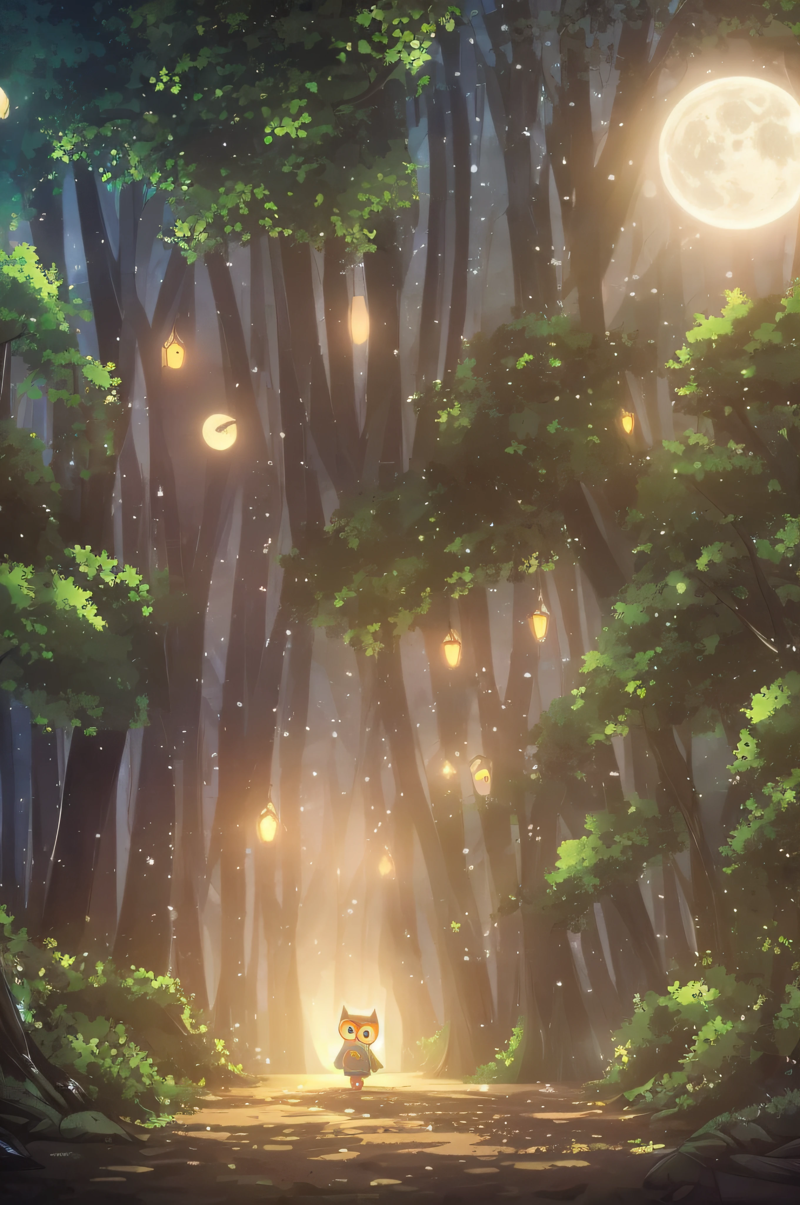 night scene, a child disguised as an owl in the forest. manga, anime, cartoon, night scene, mysterious, enchanted, soft glow, secret, attentive eyes, night calm, magic in the air, gentle breeze, sublime beauty, mystery lit by the moon, hidden secrets, vibrant contrast, subdued tones