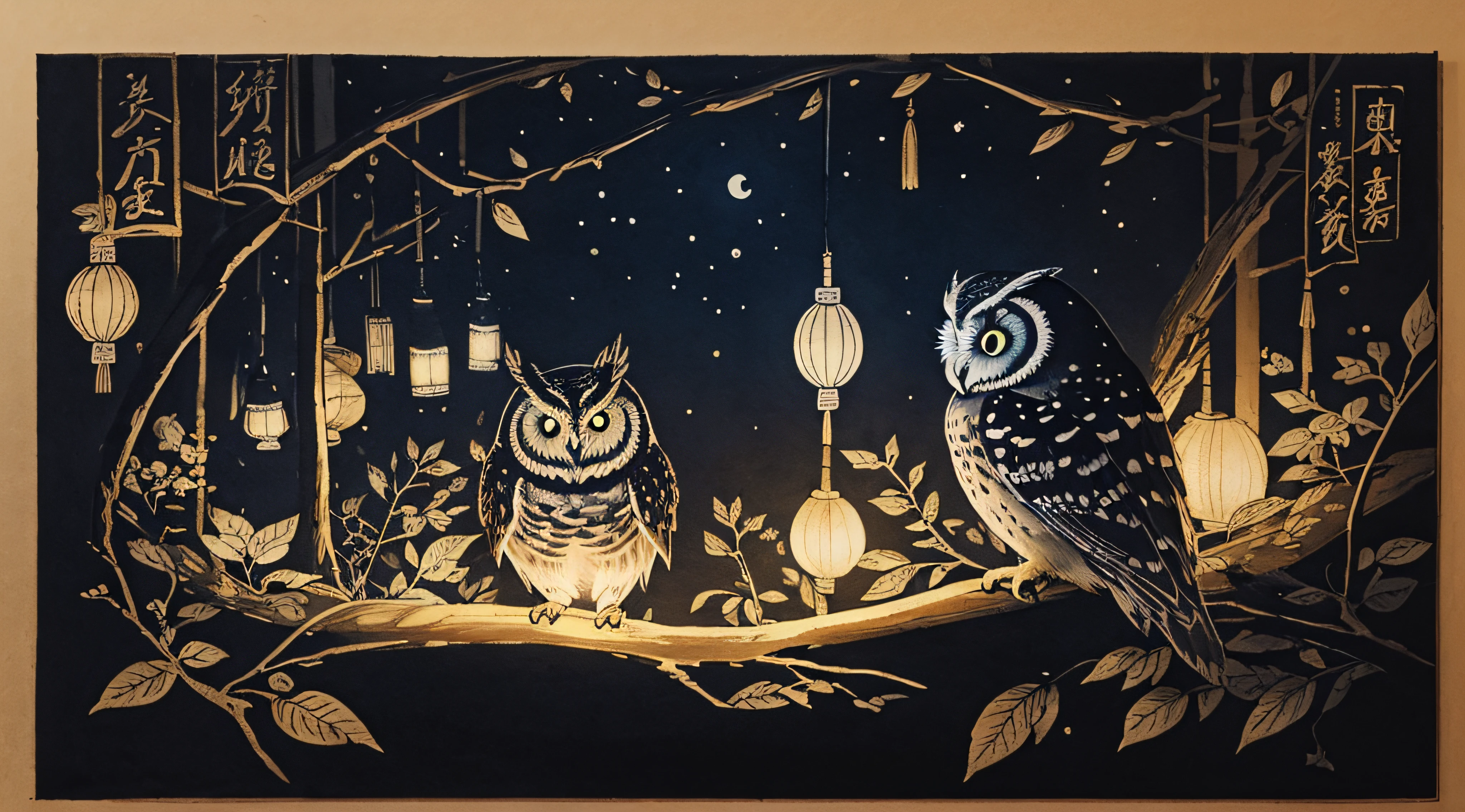 night scene, small owl surmounted by a fairy.  Traditional Ink Drawing on Thick Rice Paper, Light ink to create light and dark variations and layers, Art traditionnel chinois, Peinture traditionnelle chinoise, Blotter Ink Painting, Blotter Ink Painting, Style de peinture chinoise.