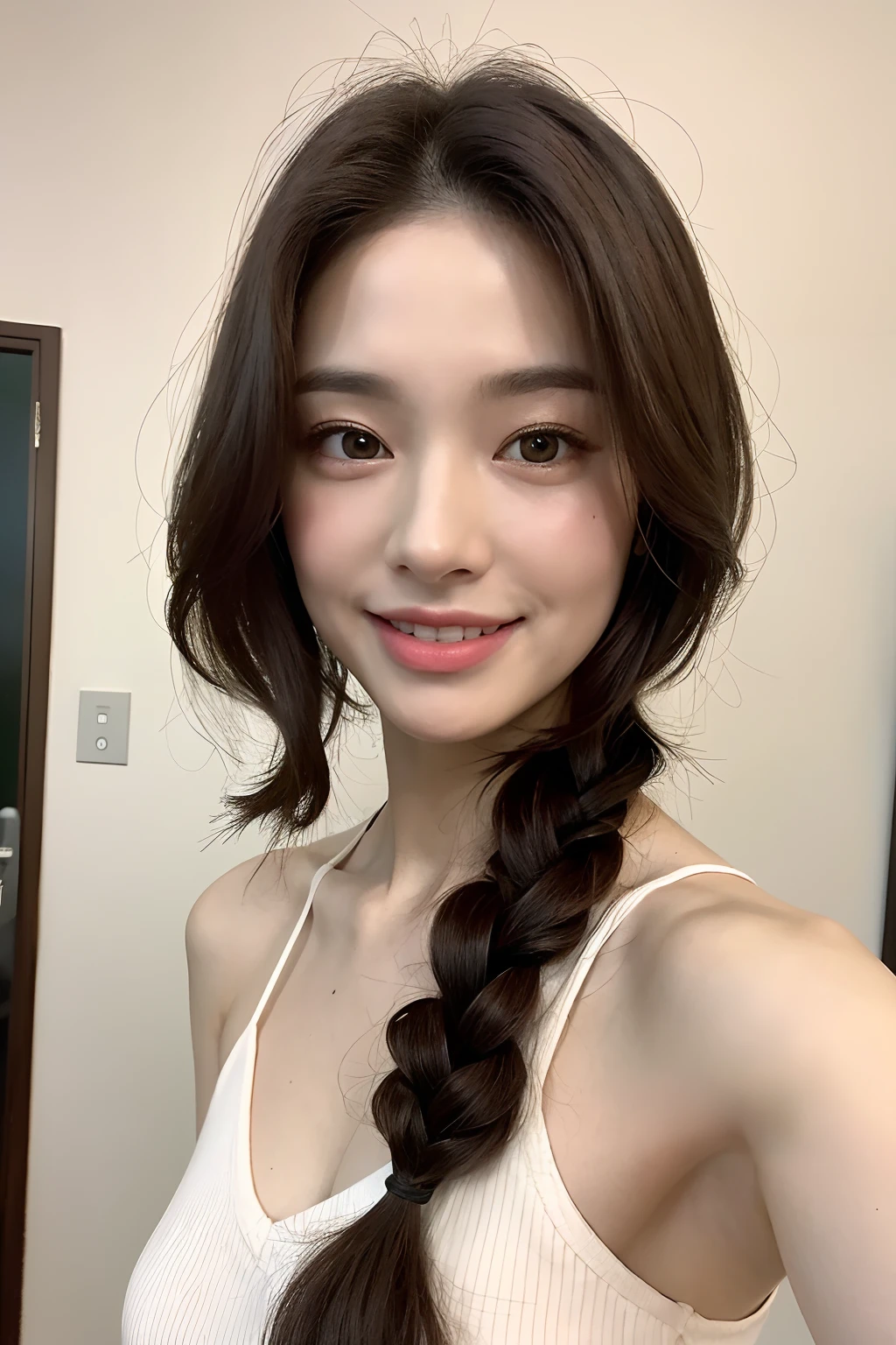 ((Top Quality, 8k, Masterpiece: 1.3)), 1 woman, Beautiful girl with slender abs: 1.3, (Hairstyle random, big: 1.2), Plain clothes: 1.2, Indoor, Ultra detailed face, Detailed eyes, Double eyelids, Brown hair, College student, Smile, Bewitching