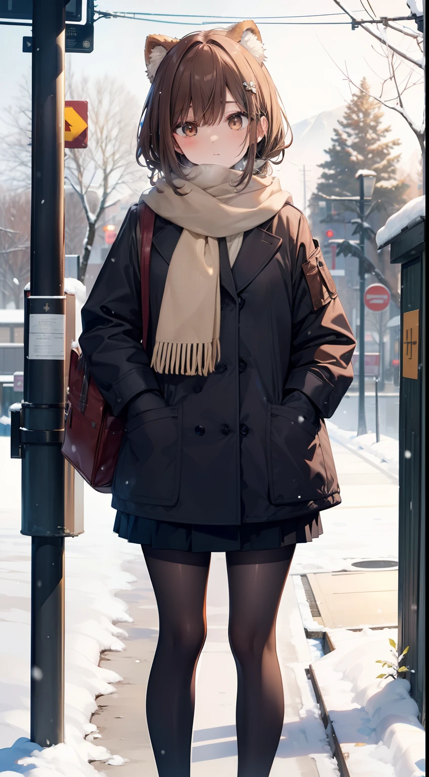 (master piece),(best quality), Yuki, brown fur, scarf, leg, Knee thick thighs, blank eyes, expressionless face, park, bus stop, stand, snow, Snowing, tree, Nature,