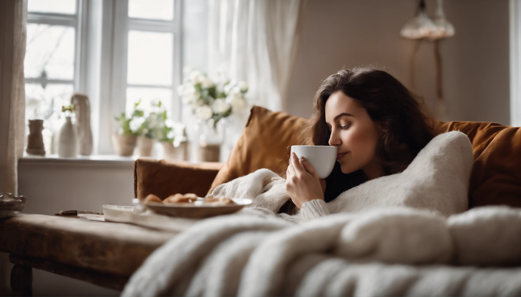 create a bright scene with a white blanket and a girl sipping some tea and relaxing in a cosy home.