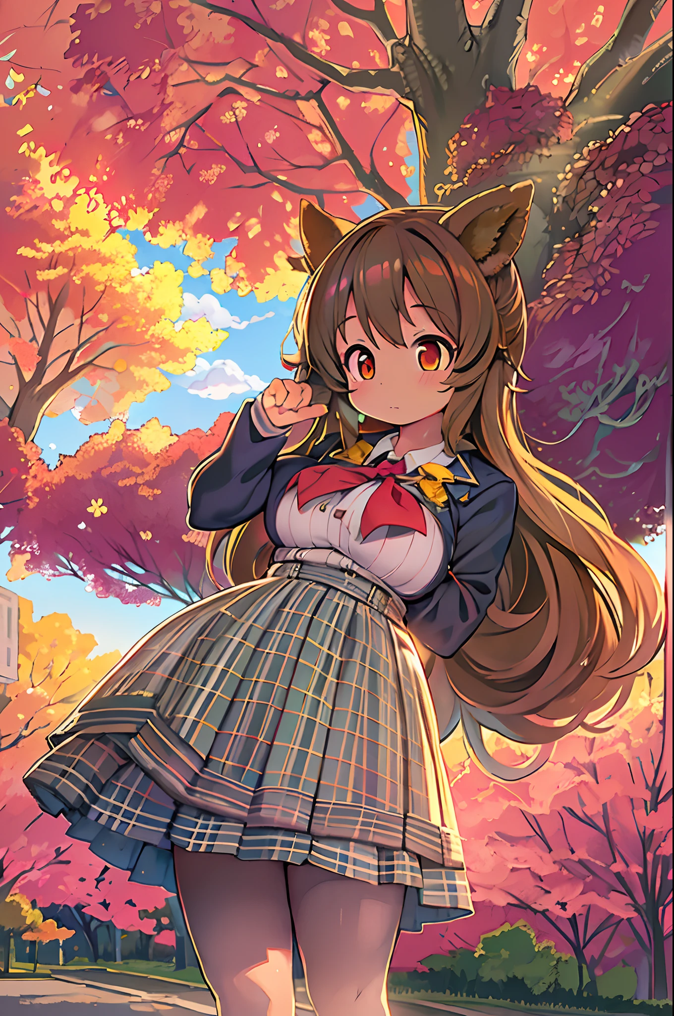 Sally Acorn, 1girl in, Solo, tree, skyporn, Outdoors, Skirt, cloud, brown, hair, Sunset, lens, f lare, Scenery, School, uniform, Sun, Wind, long, sleeves, 、bbw、huge-breasted