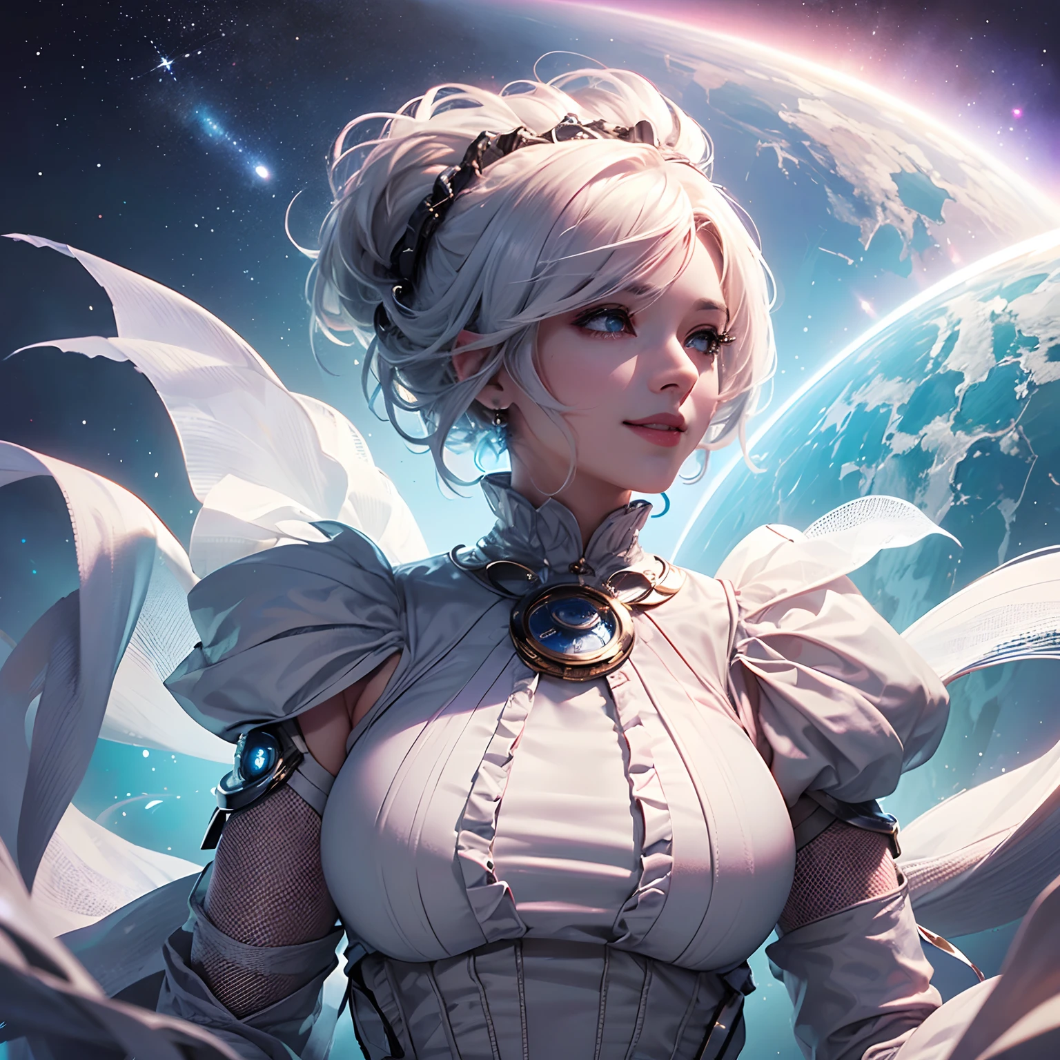 ( ultra-detailed hair: 1.2), (Full body: 1.2), RPG, Dramatic Lighting, (Highly detailed futuristic cityscape:1.2), (scientific fiction: 1.2), professional portrait photo, ((White Mesh Hair)), short-hair, , ((grin)), ,((Long white dress with ruffles)),((cosmic space))dragon background