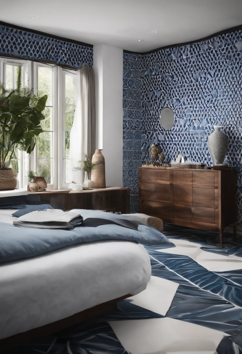 No people around，design sense，2k，Blue tones，Complex geometric patterns，Pattern，planar，Blue and white porcelain pattern，Beautiful mirror design，Intricate pattern design，The outside is round，