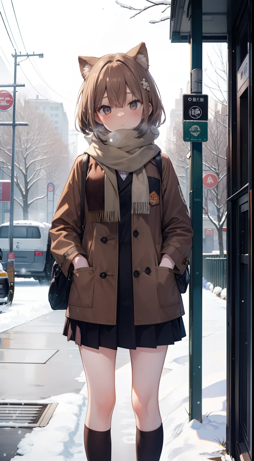 (master piece),(best quality), Yuki, brown fur, scarf, leg, Knee thick thighs, blank eyes, expressionless face, park, bus stop, stand, snow, Snowing, tree, Nature,