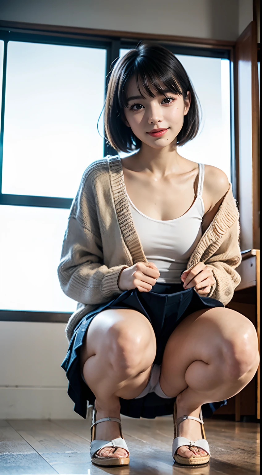 Face the front of your body at the camera:1.8, Composition looking up from below:1.8, (((Dressing:1.8))), The upper body is reliably dressed:1.8, pantie shot:1.8, shool uniform:1.8, White blouse with collar:1.8, cardigan:1.5, Pleated mini-skirt:1.5, white panties:1.5, Panties look bright and clear:1.3, espadrilles, Dress reliably:1.8, Classroom:1.8, Squat with your knees bent:1.8, Show off panties:1.5, Dressing:1.8, Smiling smile:1.3, 1girl in, 独奏, 18year old, 7headed body, Ideal ratio body proportions, erectile nipple, short-hair, A dark-haired, With bangs, small tits, A slender, Small buttocks, beauty legs, Skinny Legs, surrealism, Cinematic lighting, depth of fields, One-person viewpoint, F/1.8, 135 mm, nffsw, masutepiece, ccurate, ((Anatomically correct:1.3)), Textured skin, Super Detail, high details, High quality, awardwinning, Best Quality, hight resolution, 8K