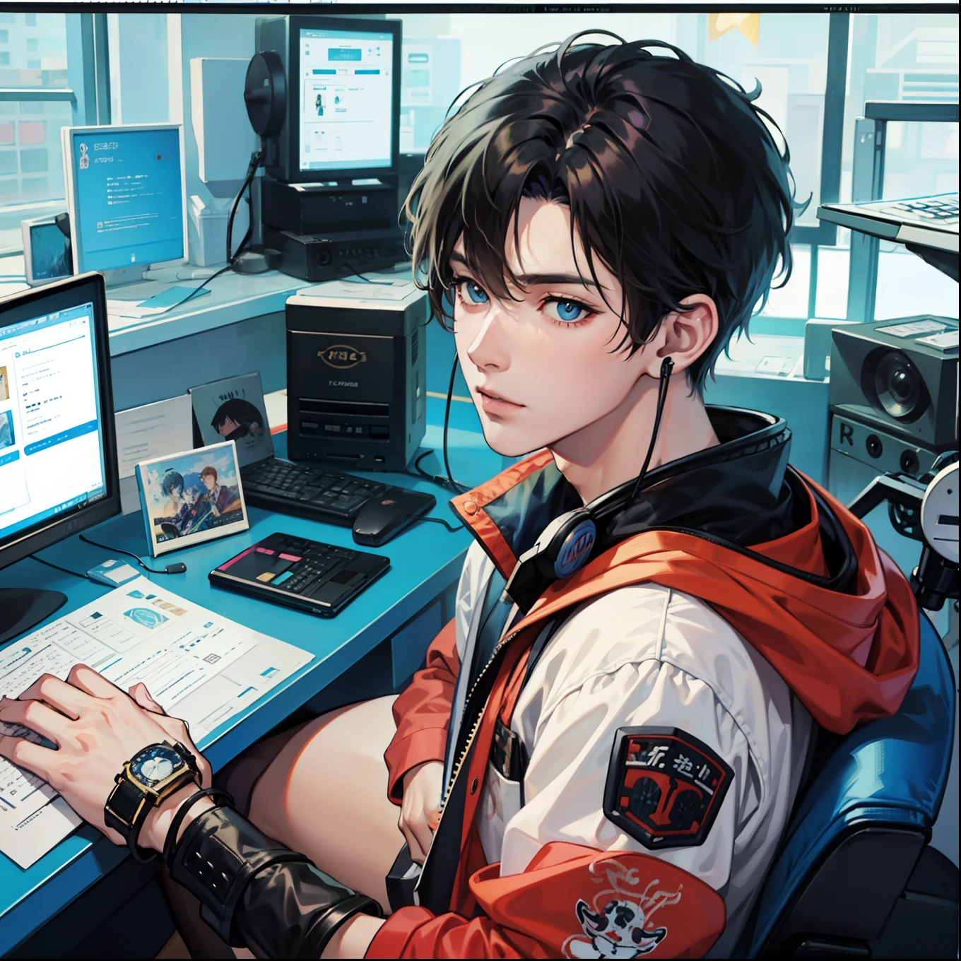 Anime boy calls to talk, ig studios anime style, nightcore, style of anime4 K, High quality anime art style, Anime boy, young anime man, Anime art style, Digital anime illustration, Anime style. 8K, in an anime style, male anime character, Kawasi，best qualtiy：1.0），（超高分辨率：1.0），Anime boys，with short black hair，blue color eyes，sitting in front of the computer，Speak into the microphone，The background is in the esports room，Earphone，The head is close to the microphone,8K a gamer boy