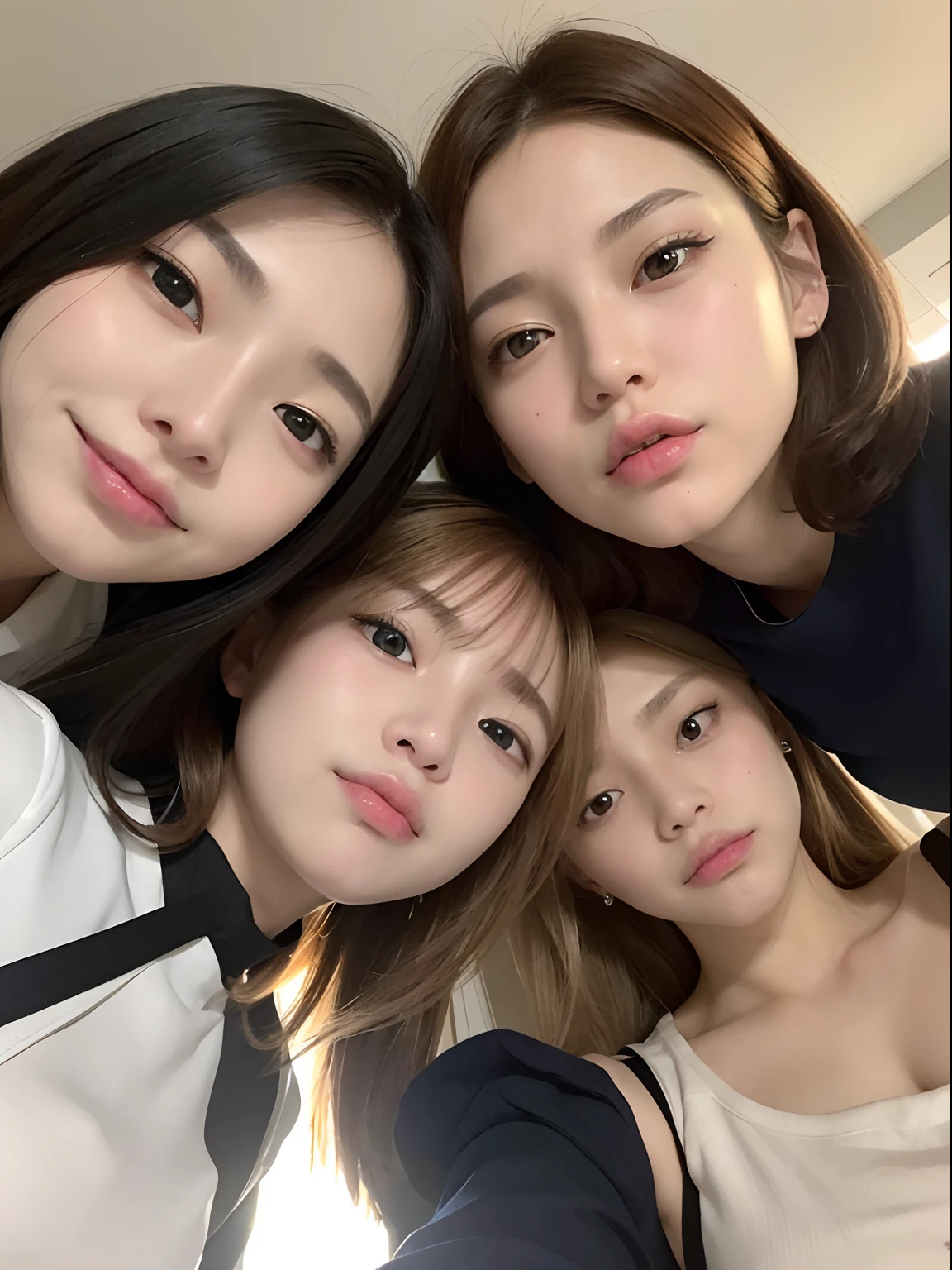(Best Quality, Ultra-detailed, Golden ratio, masutepiece:1.2), theatrical lighting:0.7, Photo of 18-year-old Riga Hyun Korean woman in uniform,Female Lesbian, face perfect, (highlydetailed skin), Randomly colored hair, Hide your mouth with your hands、Ridicule, Skin Texture, pale skin, Shiny skin, (slim, A tall:1.2), [:(sharp focus on face, Perfect eyes:1.2):0.2], Photorealistic, Film grain, Random Poses、Three Women、from below looking up、Looking at the camera、put out the tongue、Top Women