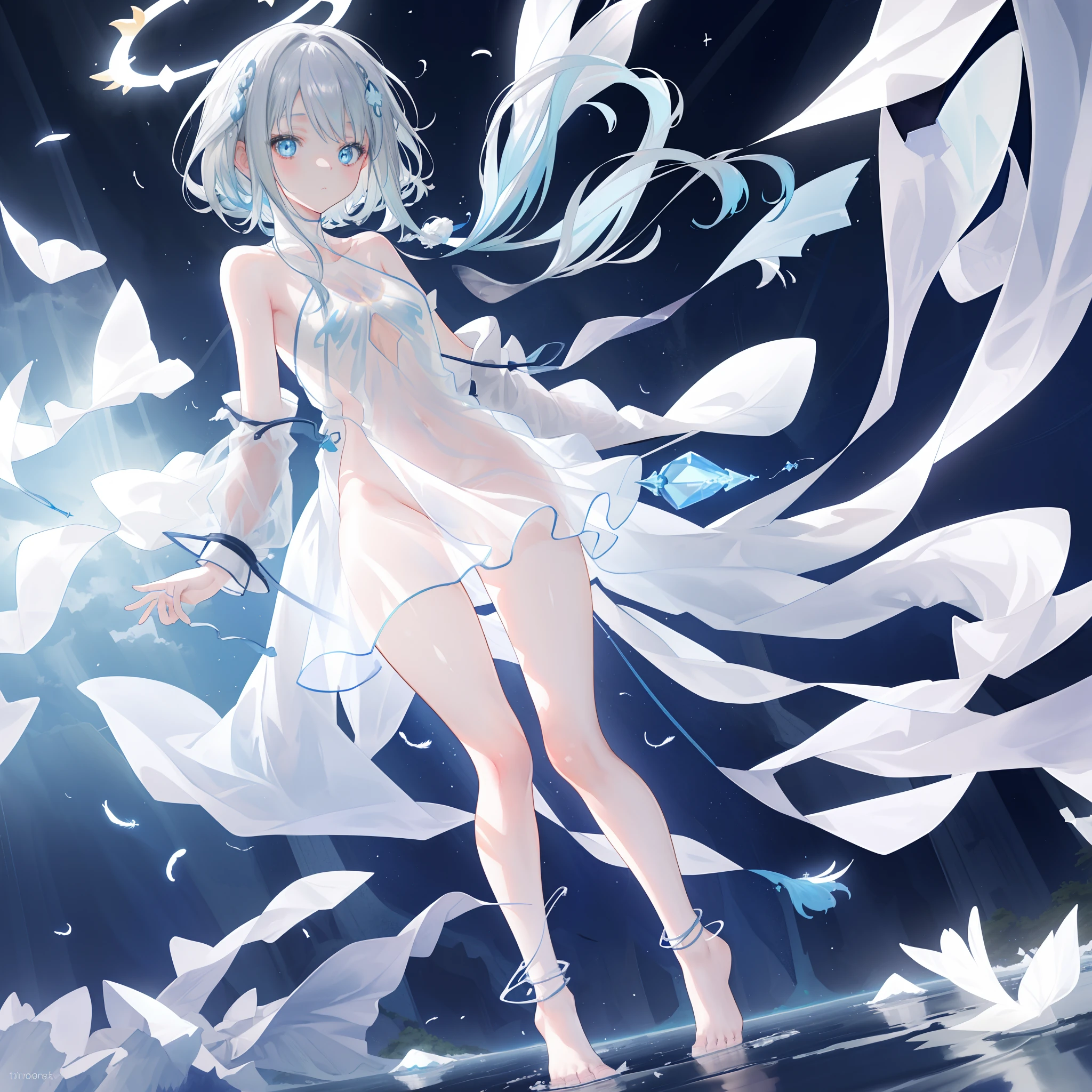 An anime girl, ((walking on water)), (mostly naked), barefoot, cinematic light, skin is perfectly white, soft, and smooth, ((no nsfw)), Extremely delicate and beautiful CG illustration, small thigh, slim body, best quality, high resolution, dynamic angle, full-length lens, (1 girl), (water splashing), soft light, high-key lighting), glowing light, feathers fluttering background, blue crystal, ((blue glowing halo around her ankle)), (((wearing nothing but a white (transparent) tank top)))