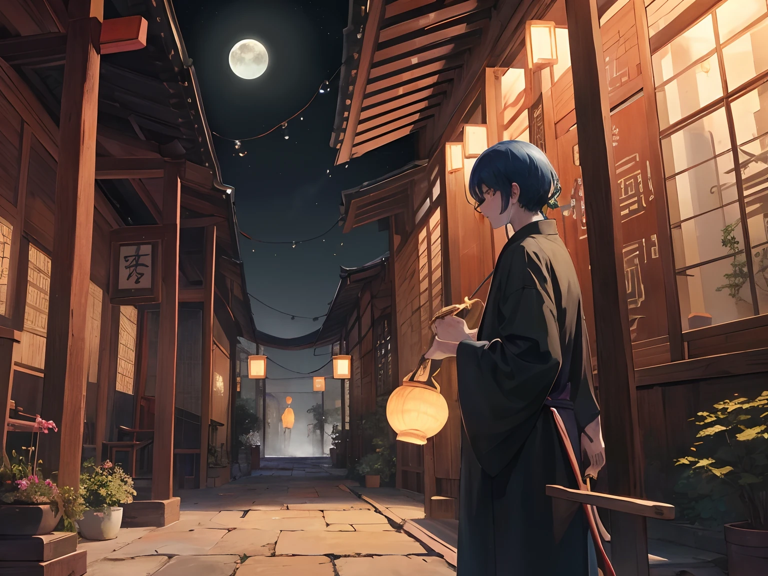 the night，rays of moonlight，courtyard，Temple，The man holds a wooden spoon made of a gourd in his right hand，Holding the basket in his left hand，Stand up，Ancient Chinese landscapes，Ancient buildings，Pavilions，Carved beams and paintings，enchanting scenery，Night，Moon light，Layered, Rich light and shadow, Ink painting style，clean color，Low-saturation colors，Colors of low brightness，Decisive cut，Leave white space，impressionistic，tmasterpiece，ultra - detailed，Epic composition, HighestQuali，hyper realisitc，Art germ --v 6