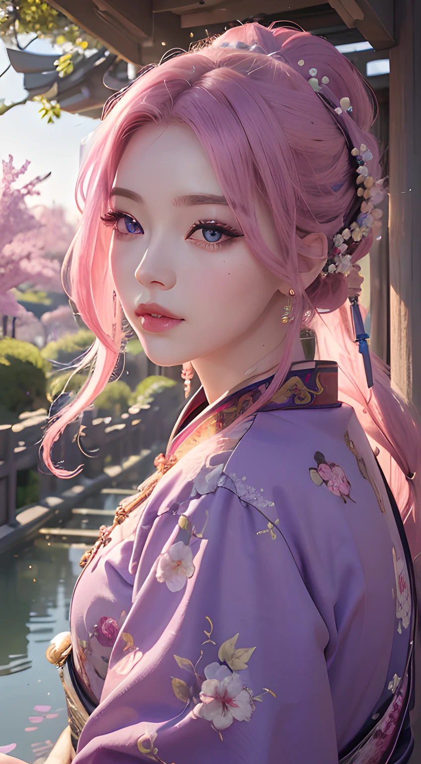 Yae Miko,pink hair, purple eyes,Shitao art style,beautiful detailed eyes,beautiful detailed lips,extremely detailed eyes and face,long eyelashes,portraits,(best quality,4k,8k,highres,masterpiece:1.2),ultra-detailed,(realistic,photorealistic,photo-realistic:1.37),studio lighting,physically-based rendering,extreme detail description,professional,vivid colors,bokeh,soft lighting,blossom garden,windy day,lively atmosphere,peaceful and serene,traditional Chinese costume,graceful posture,delicate movements