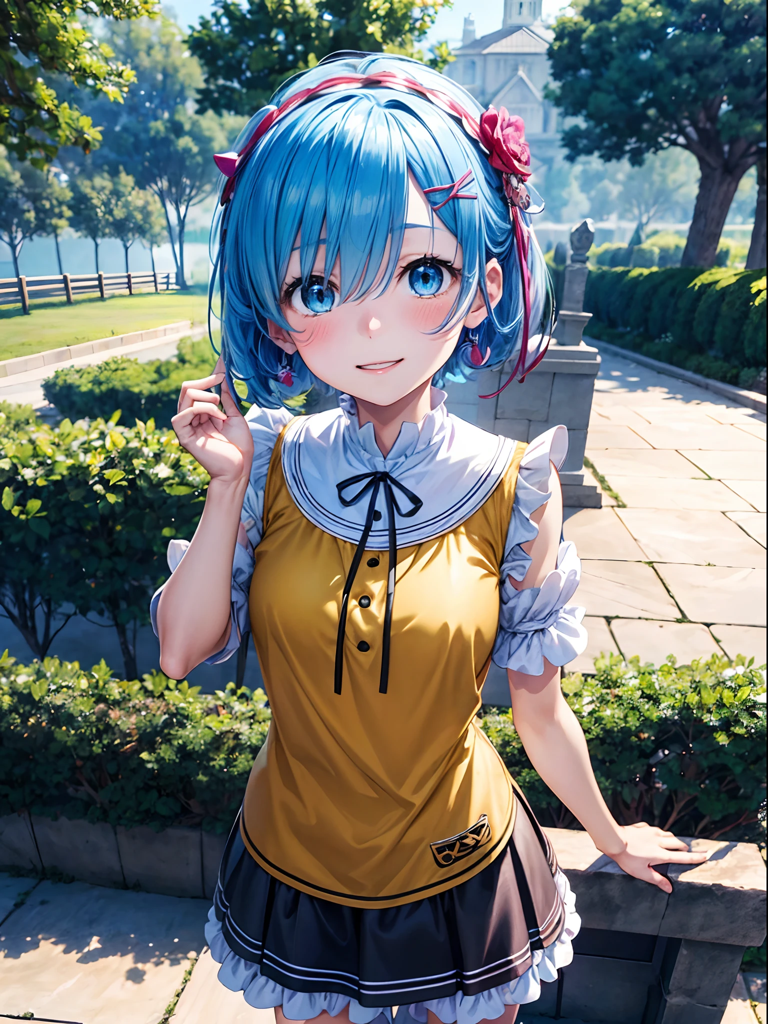 An ultra-high picture quality、(​masterpiece)、[3D images:1.15],Attractive eyes、The smile is very cute、[[A detailed eye、Colorful eyes、radiant eyes:1.15]]、blue hairs、Remu,best anime 4k konachan wallpaper, anime style 4 k,anime moe art style、Cowboy Shot,8ＫImagen、(top-quality:1.2)、(Face Details:1.2)、​masterpiece、super precision、The highest image quality, red blush, top-quality, Perfect litthing, 1girl in, skirt by the, Middle Breath、