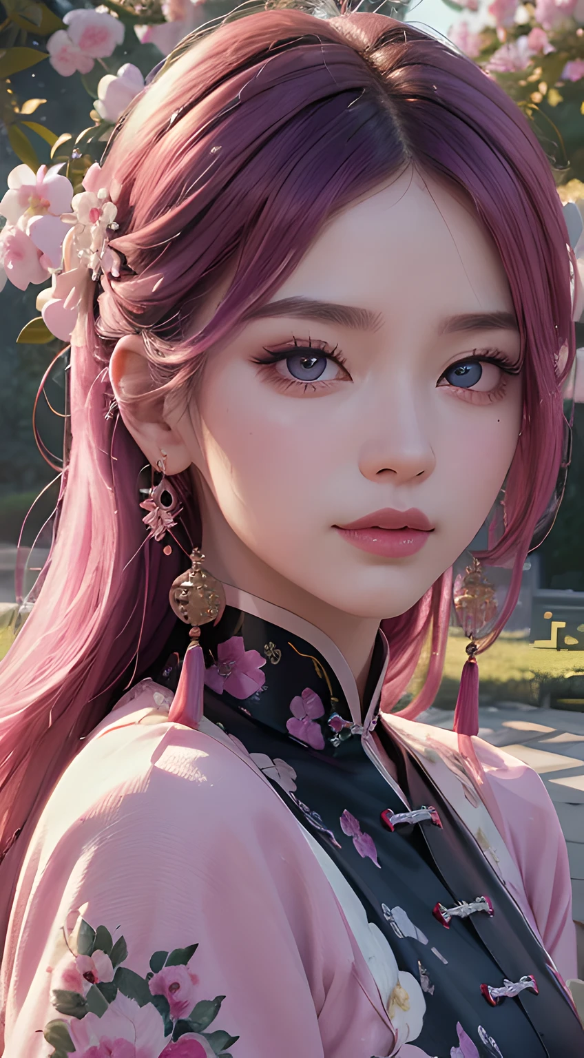 (best quality,4k,8k,highres,masterpiece:1.2),ultra-detailed,realistic,traditional Chinese ink painting,beautiful detailed eyes,purple eyes,long eyelashes,beautiful detailed lips,medium:1.1,pink hair,traditional Chinese attire,peaceful garden background,vivid colors,soft lighting