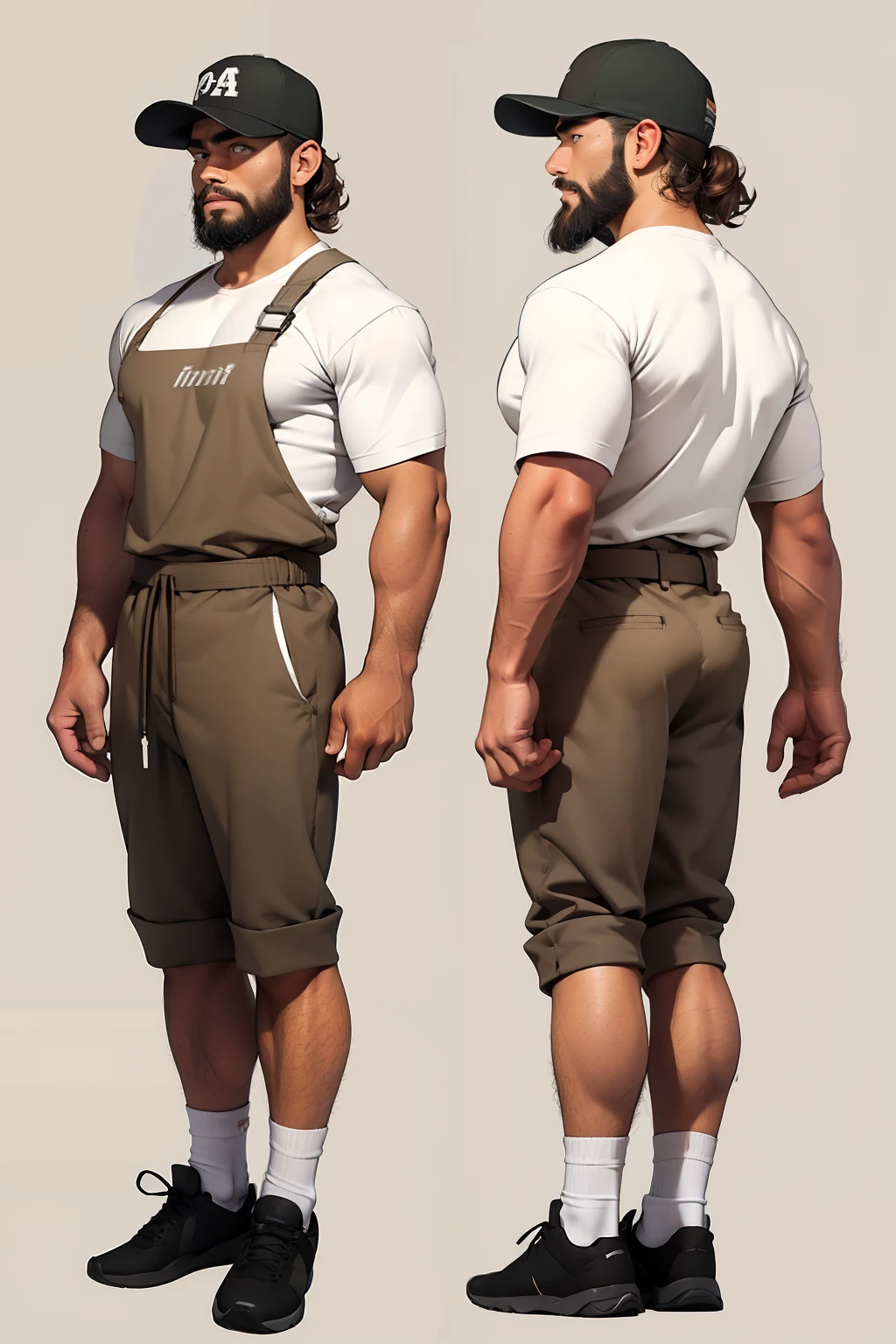 character sheet, filipino male, brown curly hair, standing, beard, slim build, baseball cap, socks, white socks, butcher clothing