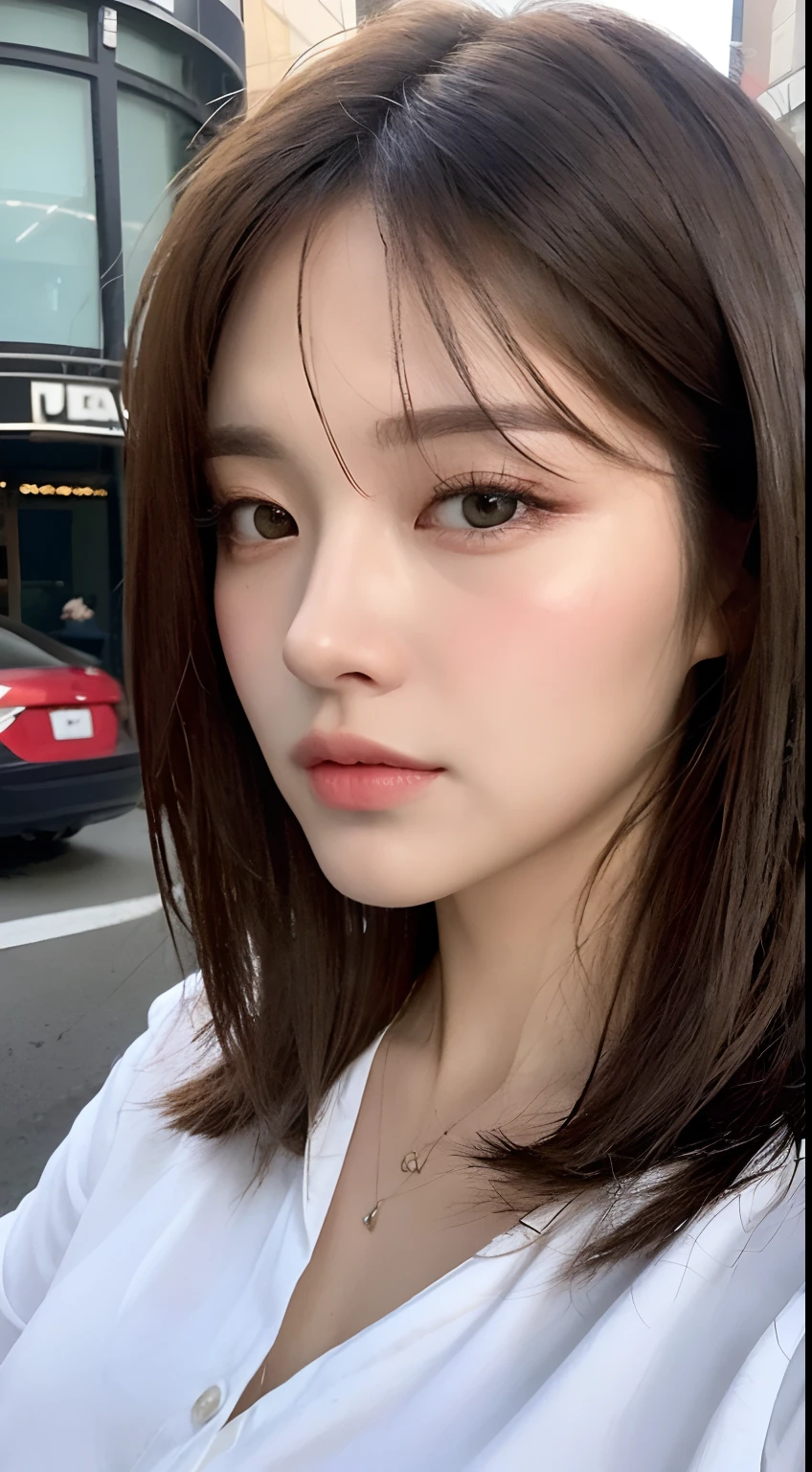 ((Best Quality, 8K, Masterpiece: 1.3)), Sharp: 1.2, Perfect Body Beauty: 1.4, Slim Abs: 1.2, ((Layered Hairstyle, Big Breasts: 1.2)), (Wet White Button Long Shirt: 1.1), (Rain, Street: 1.2), Wet: 1.5, Highly detailed face and skin texture, detailed eyes, double eyelids, side face looking at the camera