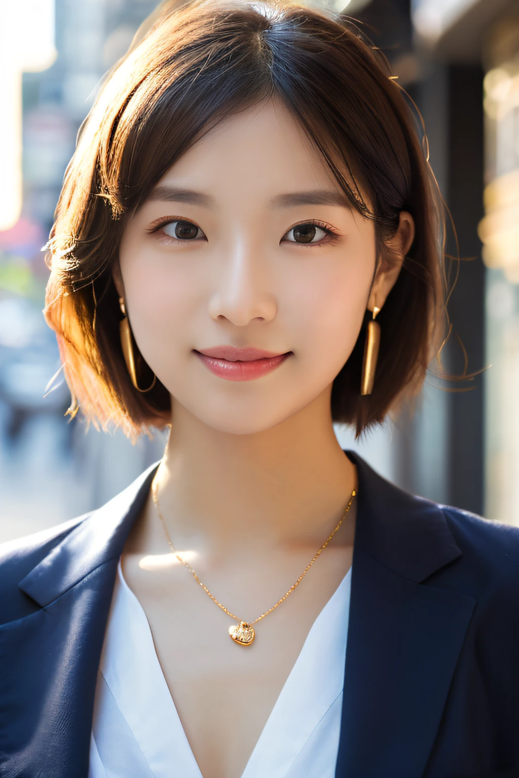 (8K, top-quality, ​masterpiece:1.3, 超A high resolution, A hyper-realistic), High Detail, (Face like the real thing), Photorealsitic, Raw foto, ((one beautiful women)), 22year old, Detailed face, beautidful eyes, realisticeyes, Eyes in Beautiful Details, (real looking skin), Beautiful skins, enticing, depth of fields, the city street, suits, doress, opened white shirt, perfect bodies, face perfect, perfect chest, small tits, Faint lips, wetting hair, (See the viewer's eyes), a smile, Beautiful skins, enticing, the golden ratio, (Detal Face:1.2), japanes，japanaese girl, Small necklace, small earring, Thin Silver Necklace, Thin silver earrings, simple background