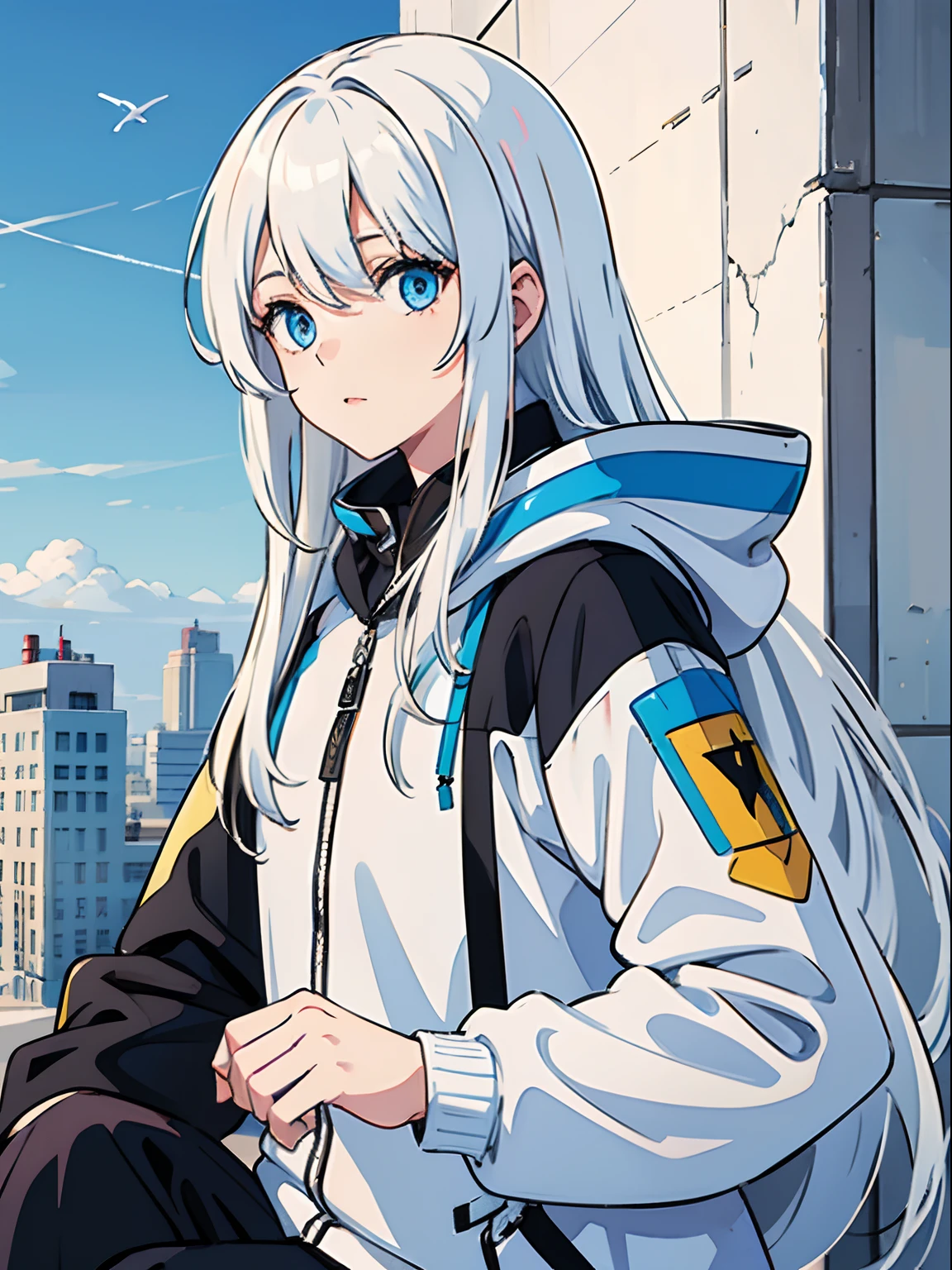 White Hair Male Sky Blue Eyes Black Colored Hoodie Long Hair White Jacket Female Features