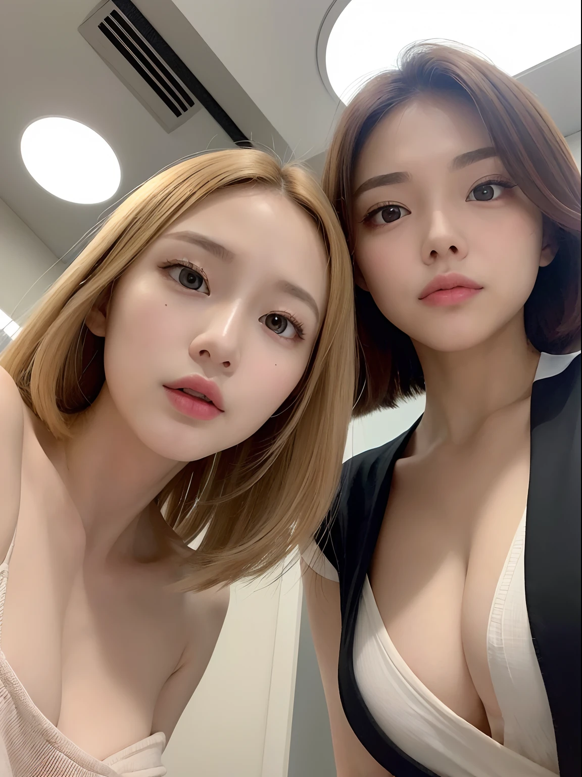(Best Quality, Ultra-detailed, Golden ratio, masutepiece:1.2), theatrical lighting:0.7, Photo of 18-year-old Riga Hyun Korean woman in uniform,Female Lesbian, face perfect, (highlydetailed skin), Randomly colored hair, Hide your mouth with your hands、Ridicule, Skin Texture, pale skin, Shiny skin, (slim, A tall:1.2), [:(sharp focus on face, Perfect eyes:1.2):0.2], Photorealistic, Film grain, Random Poses、Three Women、from below looking up、Looking at the camera、put out the tongue、Top Women