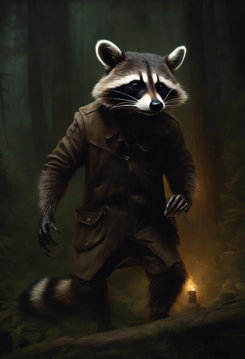 modern oil painting of a humanoid raccoon, horror, dark colors, creepy,epic scenes ,shock horror art, with saw on hand, male furry