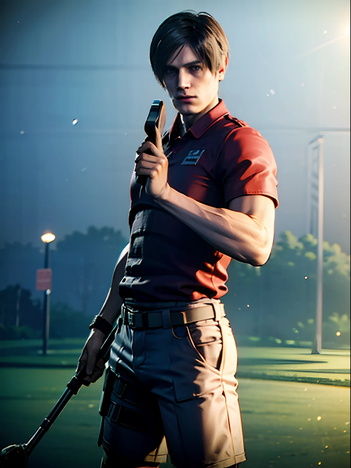 1 boy, shot by re4leon, leon S. Kennedy from the movie Resident Evil 4, wearing Golf clothes, holding a Golf clubs, playing golf, golf course background, sport outfit