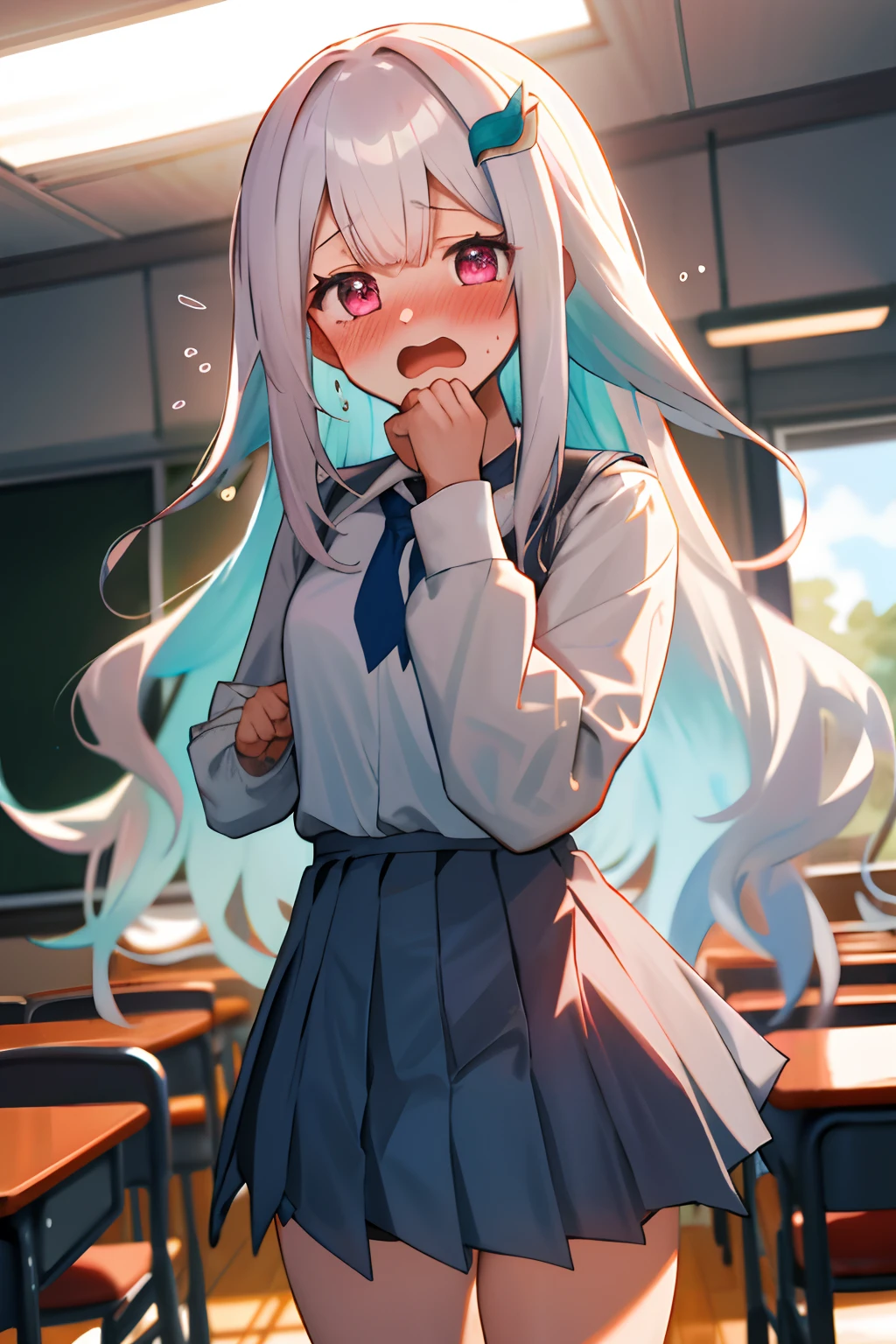 One girl with long wavy hair, white hair, looking at viewer, embarrassed, blushing, tears, open mouth, indoor , school uniform, white shirt, necktie, puff long sleeves, mini skirt, thigh, perfect waist, classroom, noon atmosphere, hair ornament, standing, (embarrassed:1.0)