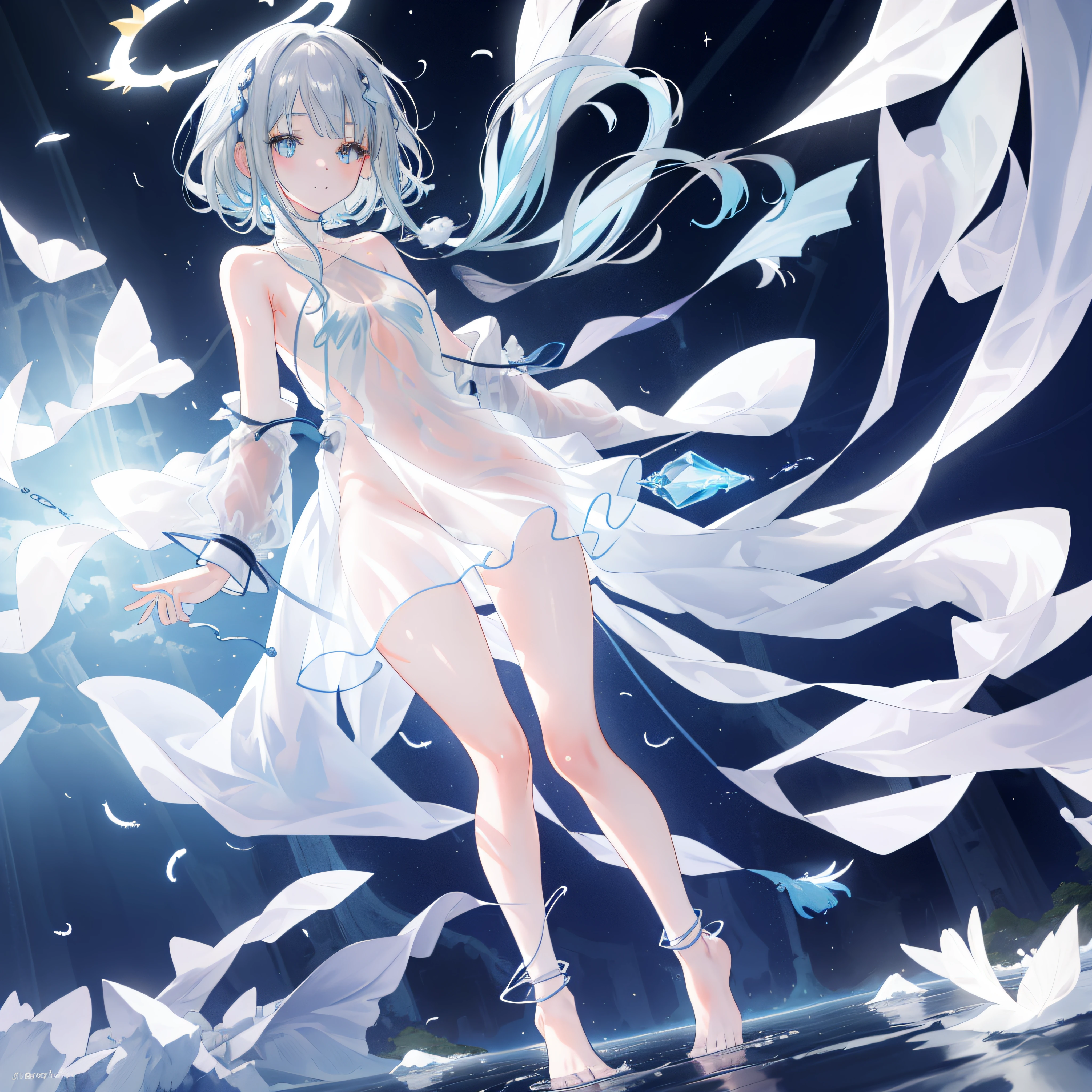 An anime girl, ((walking on water)), (mostly naked), barefoot, cinematic light, skin is perfectly white, soft, and smooth, ((no nsfw)), Extremely delicate and beautiful CG illustration, small thigh, slim body, best quality, high resolution, dynamic angle, full-length lens, (1 girl), (water splashing), soft light, high-key lighting), glowing light, feathers fluttering background, blue crystal, ((blue glowing halo around her ankle)), (((wearing nothing but a white (transparent) tank top)))