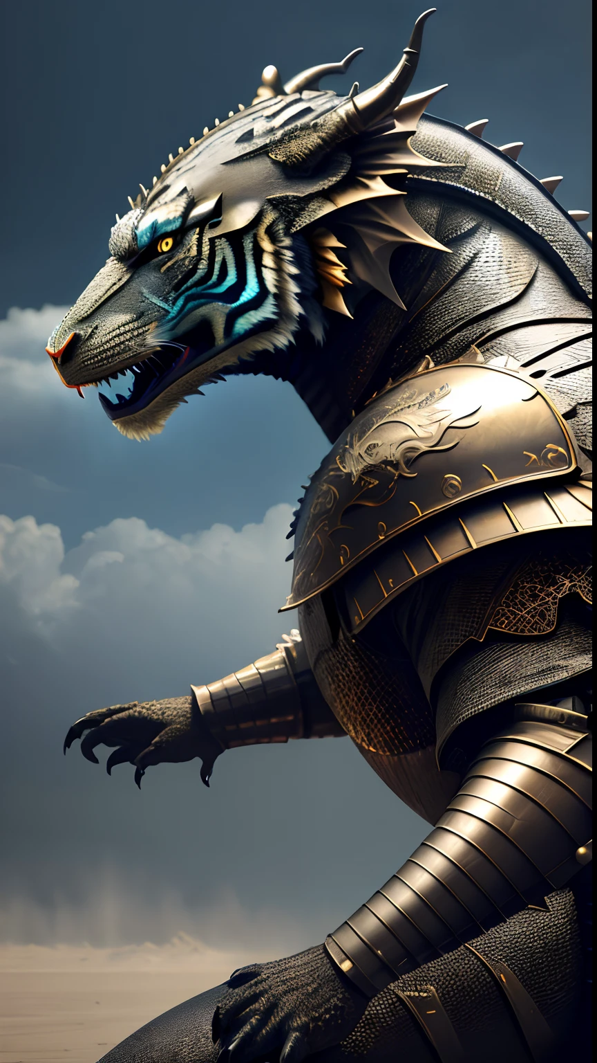 Animalrizz ((a dragon)) 10, masterpiece, highres, Absurd,photorealistic portrait, Parley_armature, Tiger in Armor ,Wear Parley_armature, Massive futuristic armor, running, move, Rocket propulsion,((from the side))