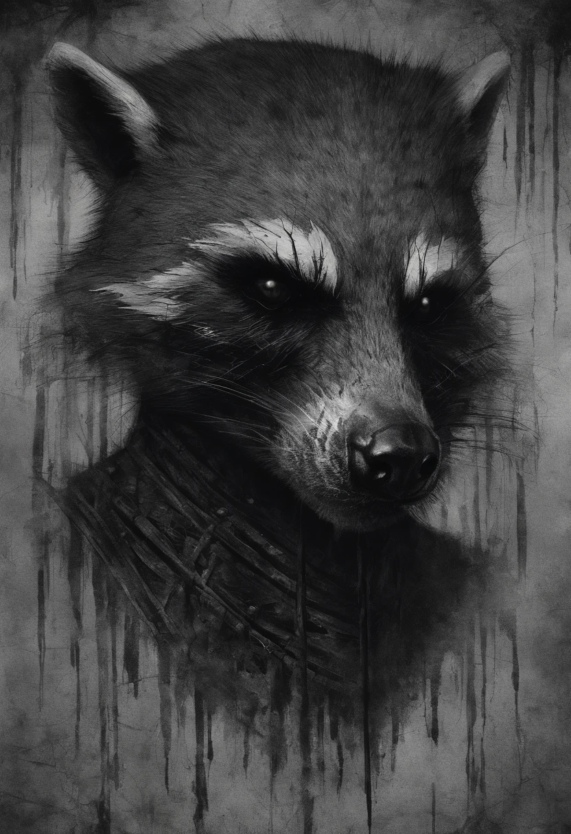 ah high, gaunt, broad-shouldered anthropomorphic raccoon (Furry). Black head and muzzle. Human eyes, steely gray and shine ominously. Black, hairlong, slicked back and braided into a pigtail. Wears dark, Stylistic, long coat. A sense of gloom and sinister presence is conveyed. bloody