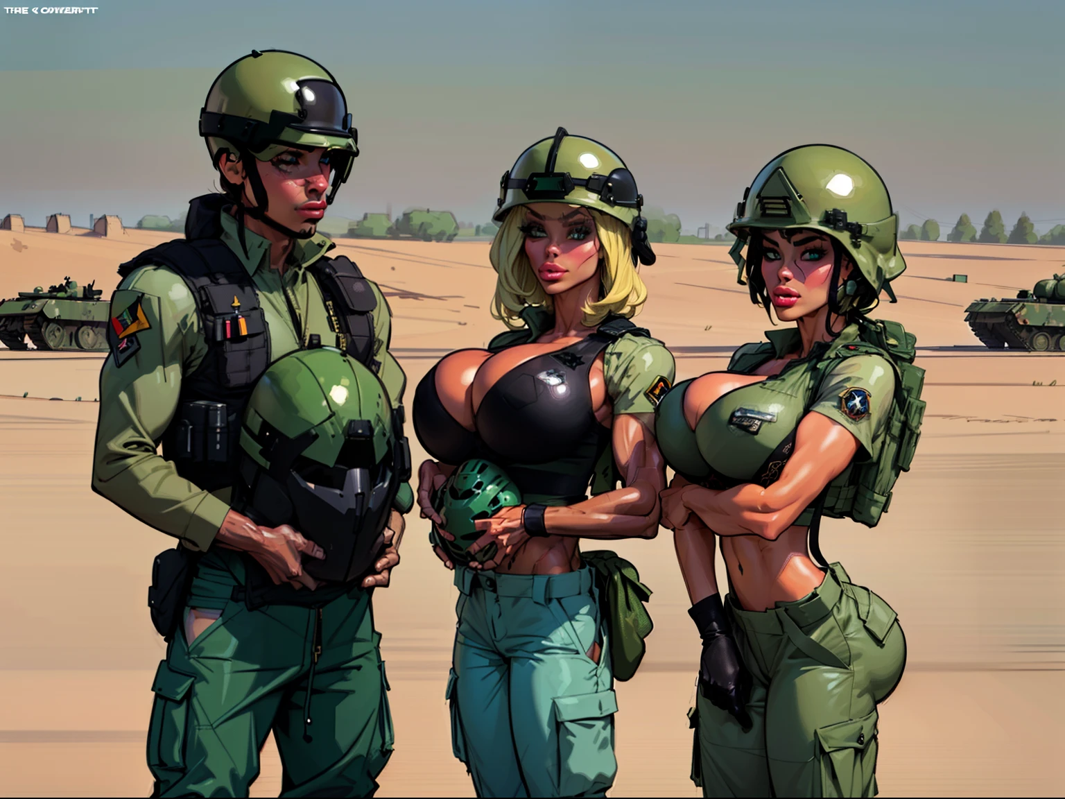1 man, (male soldier:1.4), (sexy ((female soldier1.6)))((green combat helmet helmet:1.5)) wearing ((khaki cargo pants:1.4))(perfect face), detailed face, (symmetrical eyes), perfect nose, ((open cargo vest:1.3)), wearing ((black bra on:1.4)) that barely covers the , (gigantic breasts:1.4) ((blonde hair)) analog style posing against a military tank, (backlit)1.2, (film grain)1.2, cinematic movie still frame, (large lips, bimbo style, perfect eyebrows)((thepit style:1.4))