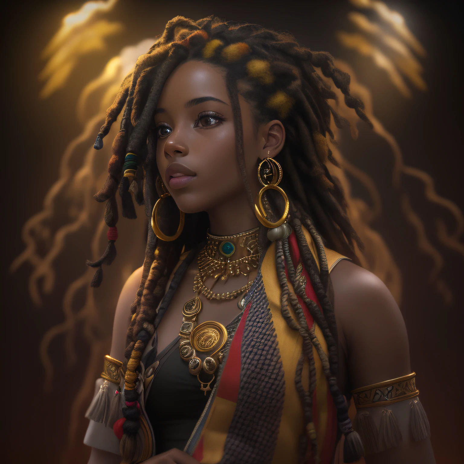 Rastafari girl with golden Rastafari accessories on dreadlocks, fotografia, soft-lighting, detalhes suaves, octana, Artstation Trend, ultra alto detalhe, Ultra realista, cinemactic, 16k, Imagem com pelo menos 300dpi, fundo preto, lighting to highlight the background figure
