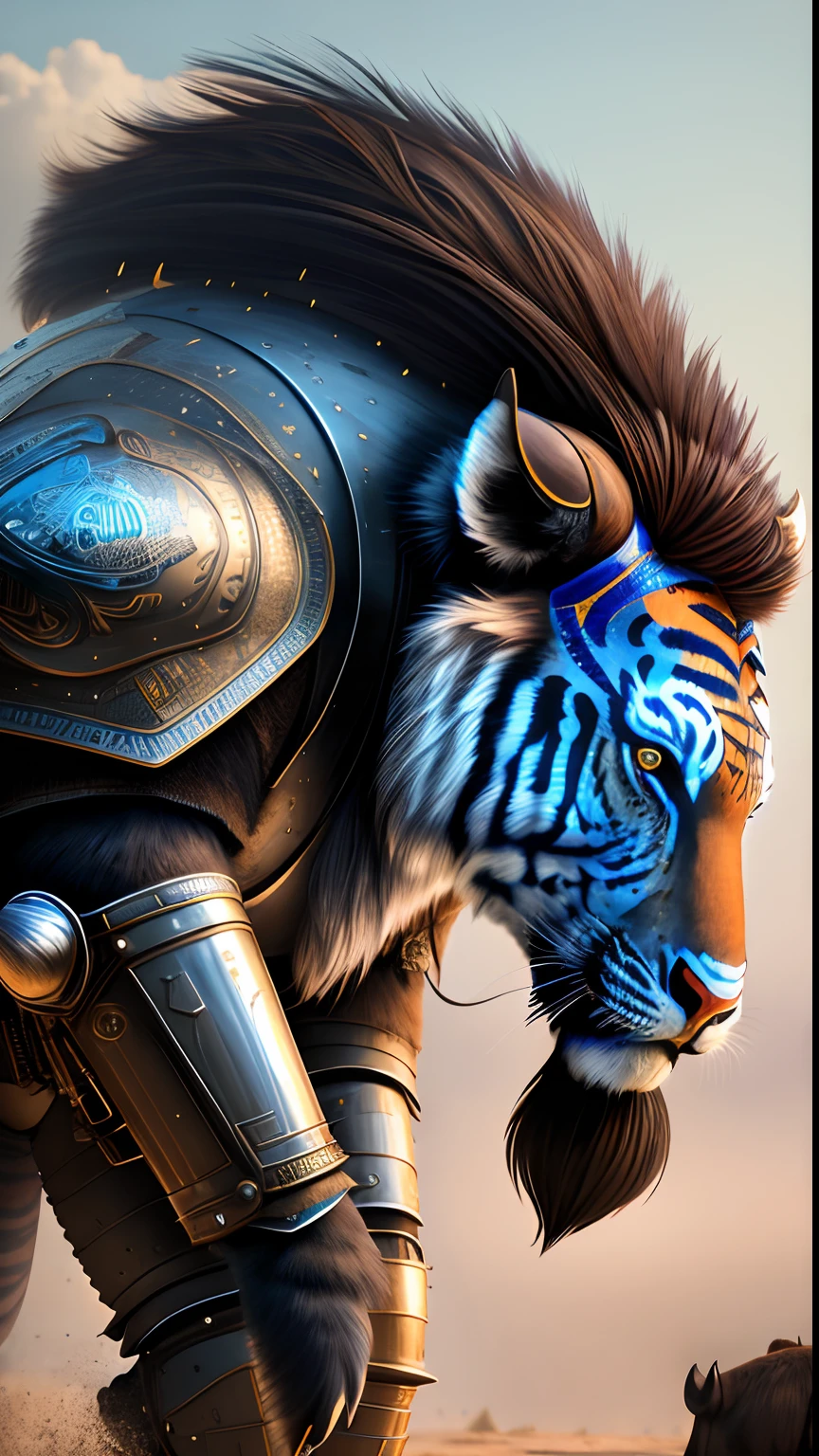 Animalrizz ((buffalo)) 10, masterpiece, highres, Absurd,photorealistic portrait, Parley_armature, Tiger in Armor ,Wear Parley_armature, Massive futuristic armor, running, move, Rocket propulsion,((from the side))